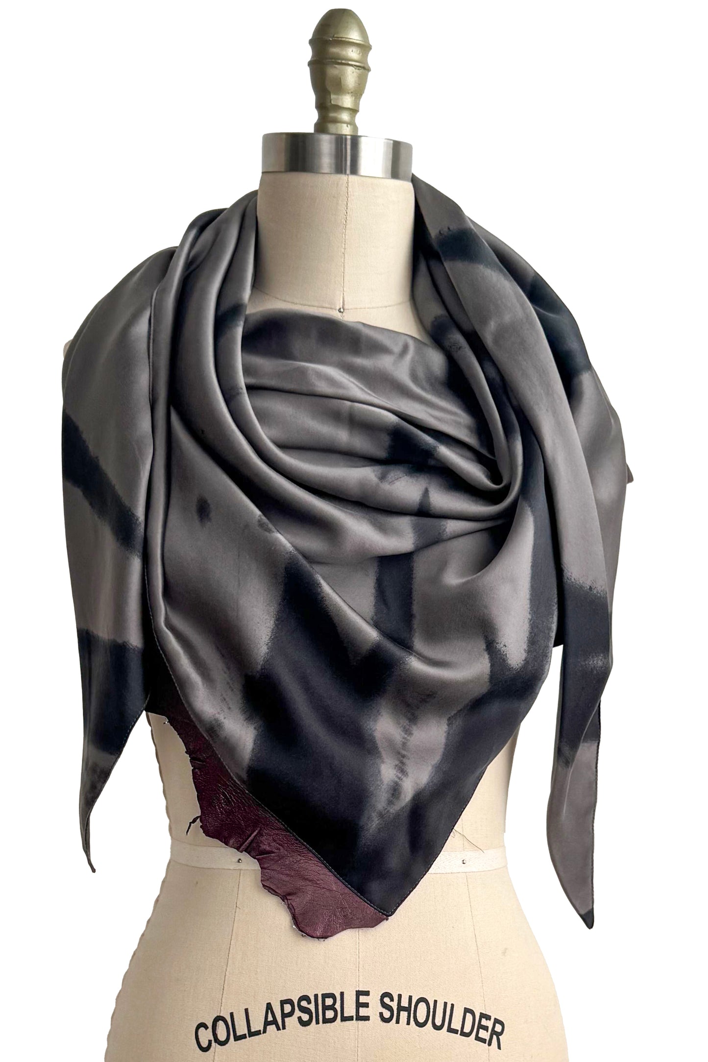 Triangle Shawl in Silk with Leather Trim - Spray Dyed | Silver & Eggplant