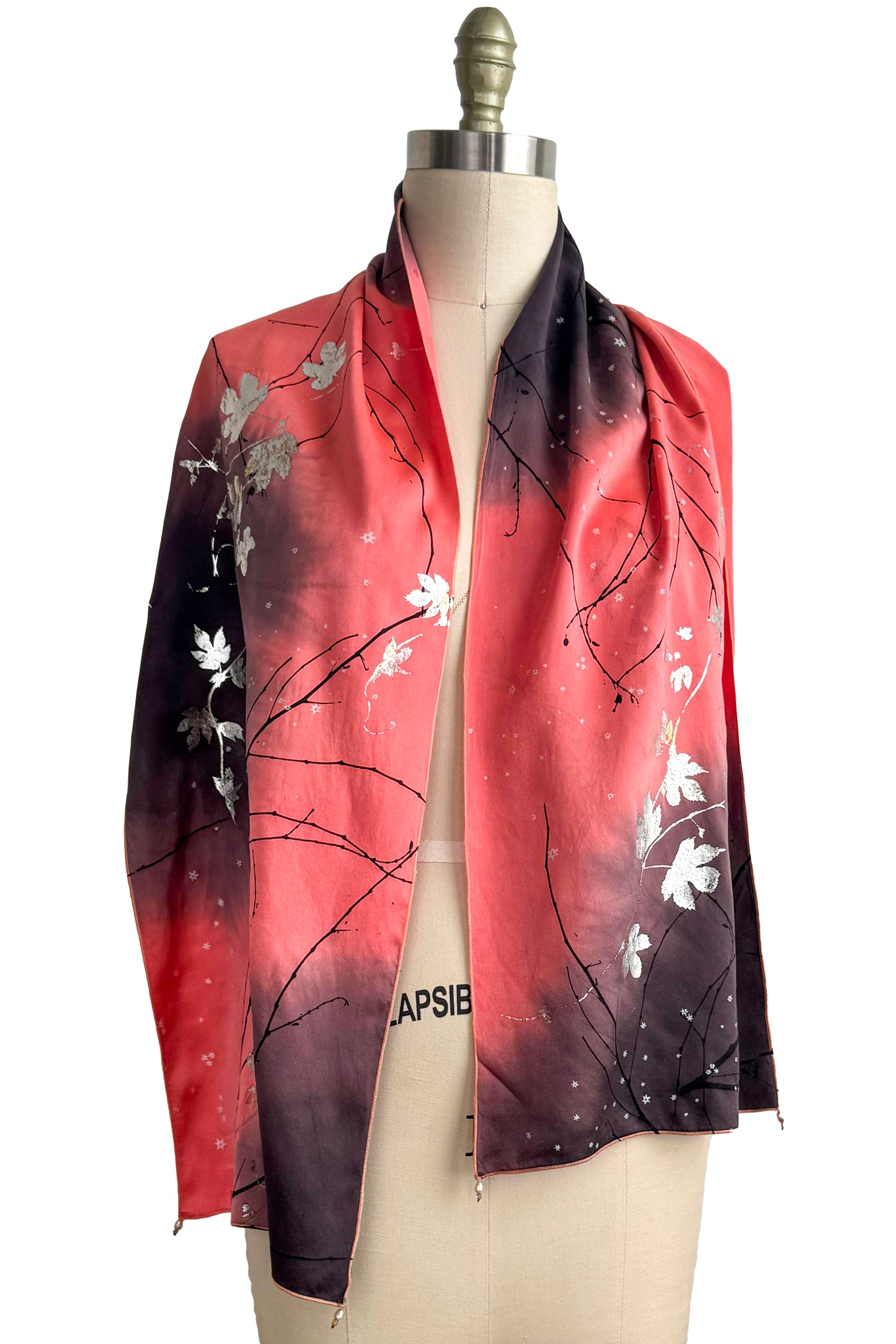 Charmeuse Foil Print Scarf - Hops Vine & Branch Print | Coral, Black & Silver