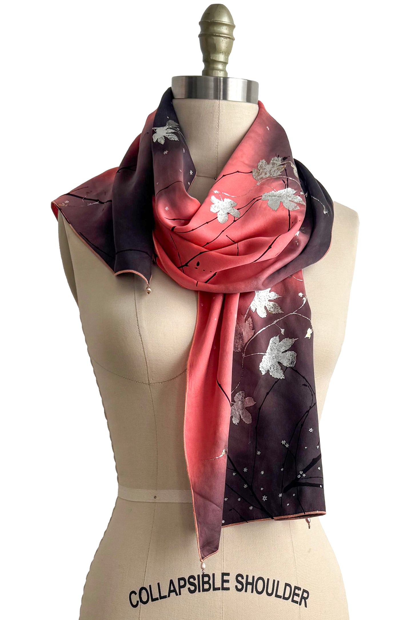 Charmeuse Foil Print Scarf - Hops Vine & Branch Print | Coral, Black & Silver