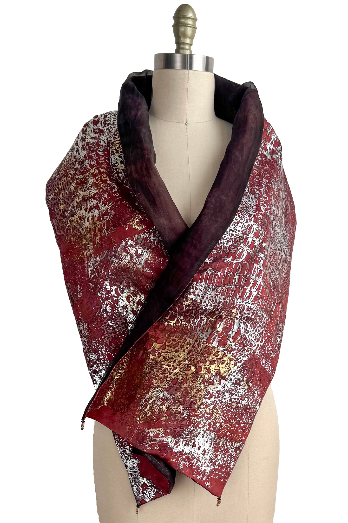 Layered Silk Organza & China Silk Shawl – Foil‑Printed Reptile Texture | Burgundy