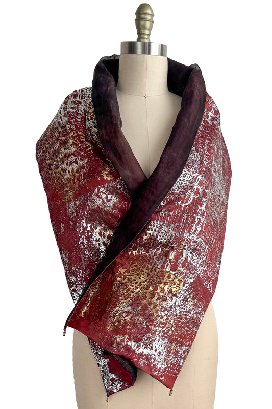 Layered Silk Organza & China Silk Shawl – Foil‑Printed Reptile Texture | Burgundy