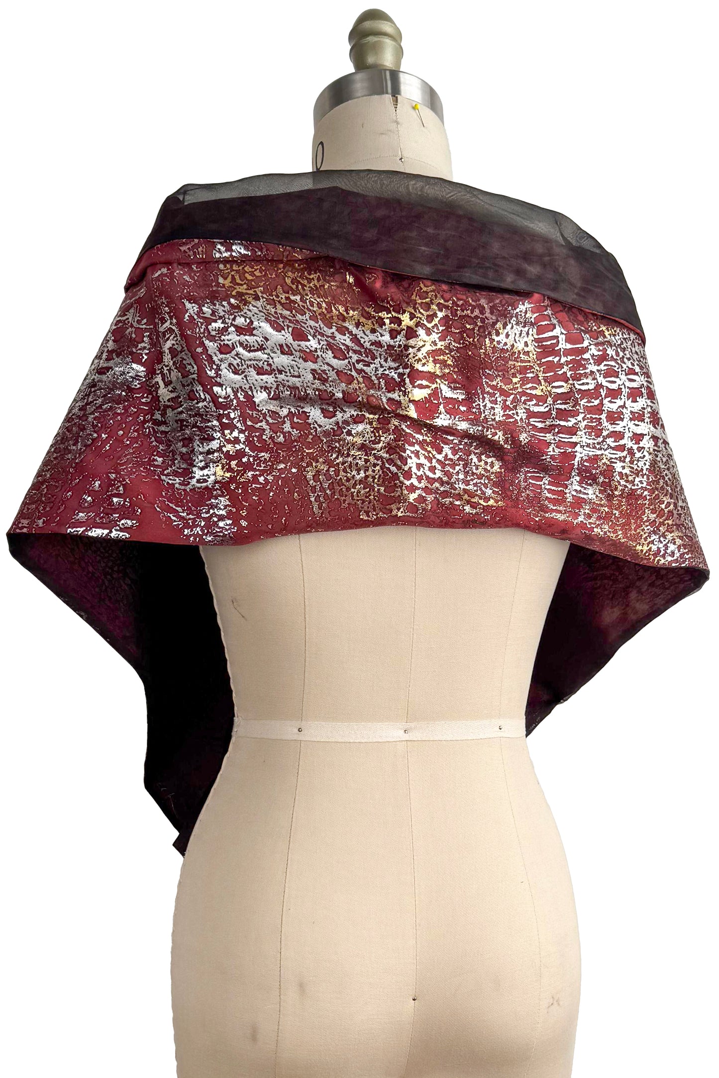 Layered Silk Organza & China Silk Shawl – Foil‑Printed Reptile Texture | Burgundy