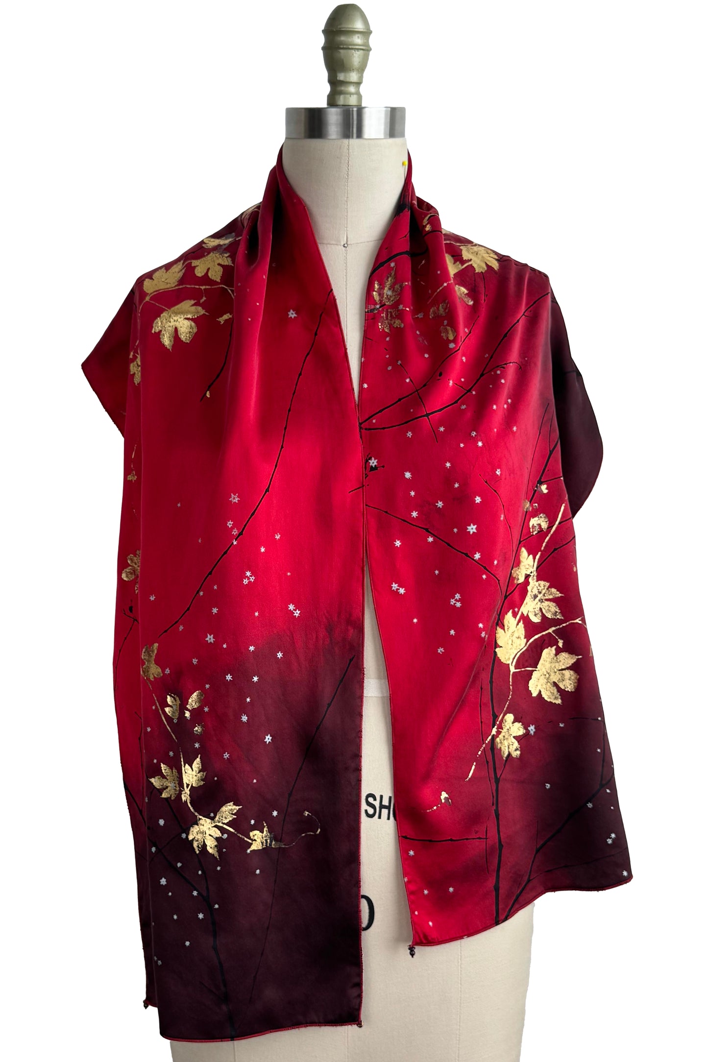 Charmeuse Foil Print Scarf - Hops Vine & Branch Print | Red, Black & Gold