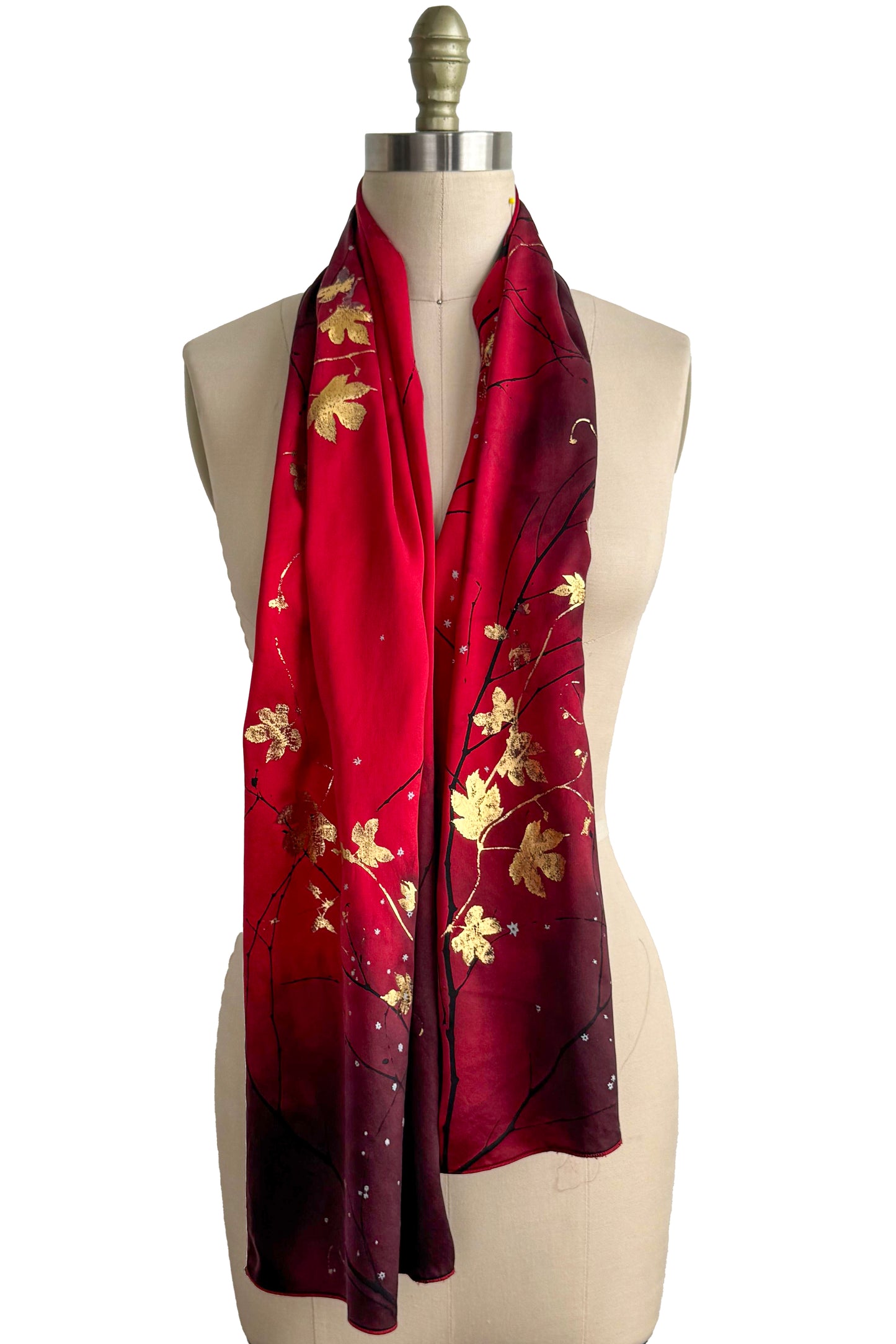 Charmeuse Foil Print Scarf - Hops Vine & Branch Print | Red, Black & Gold