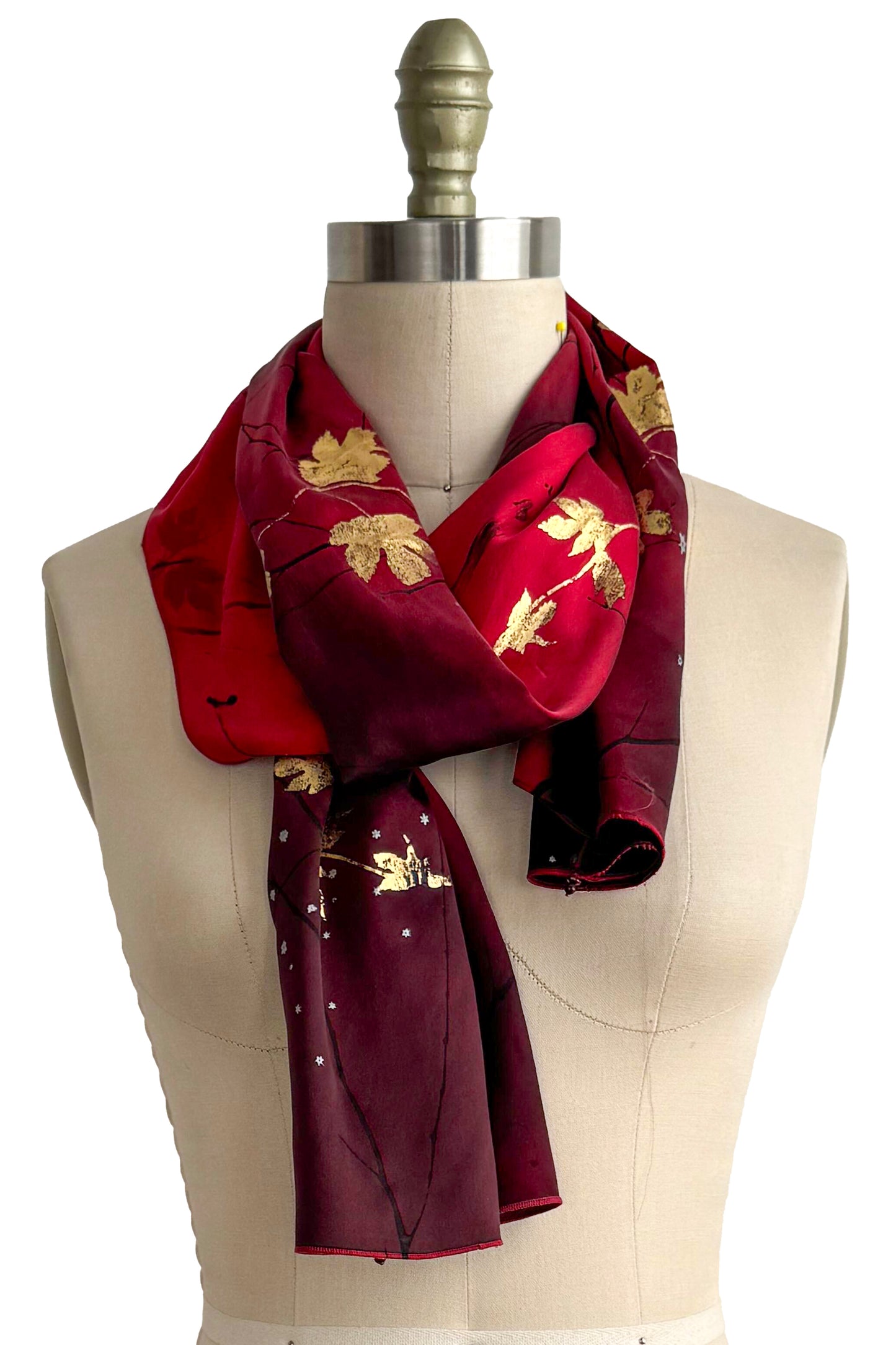 Charmeuse Foil Print Scarf - Hops Vine & Branch Print | Red, Black & Gold