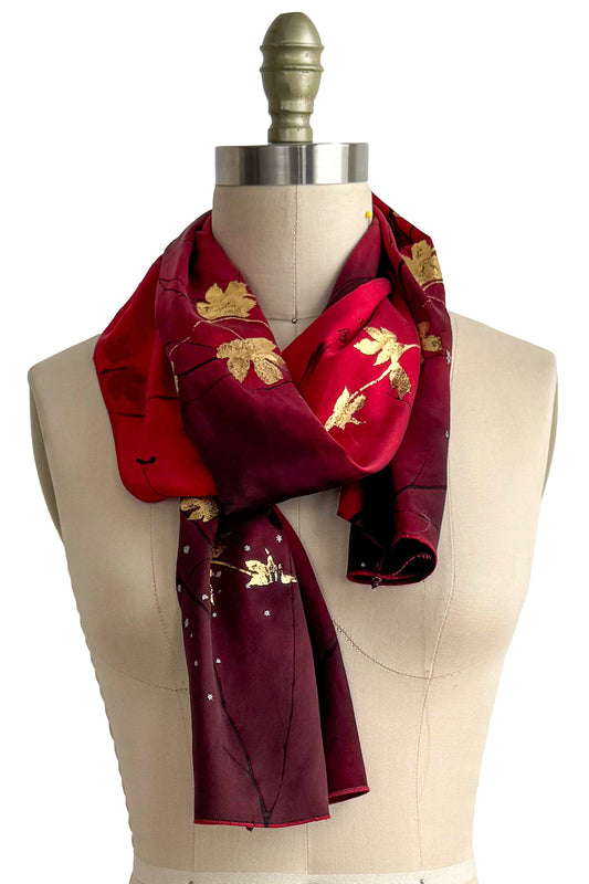 Charmeuse Foil Print Scarf - Hops Vine & Branch Print | Red, Black & Gold