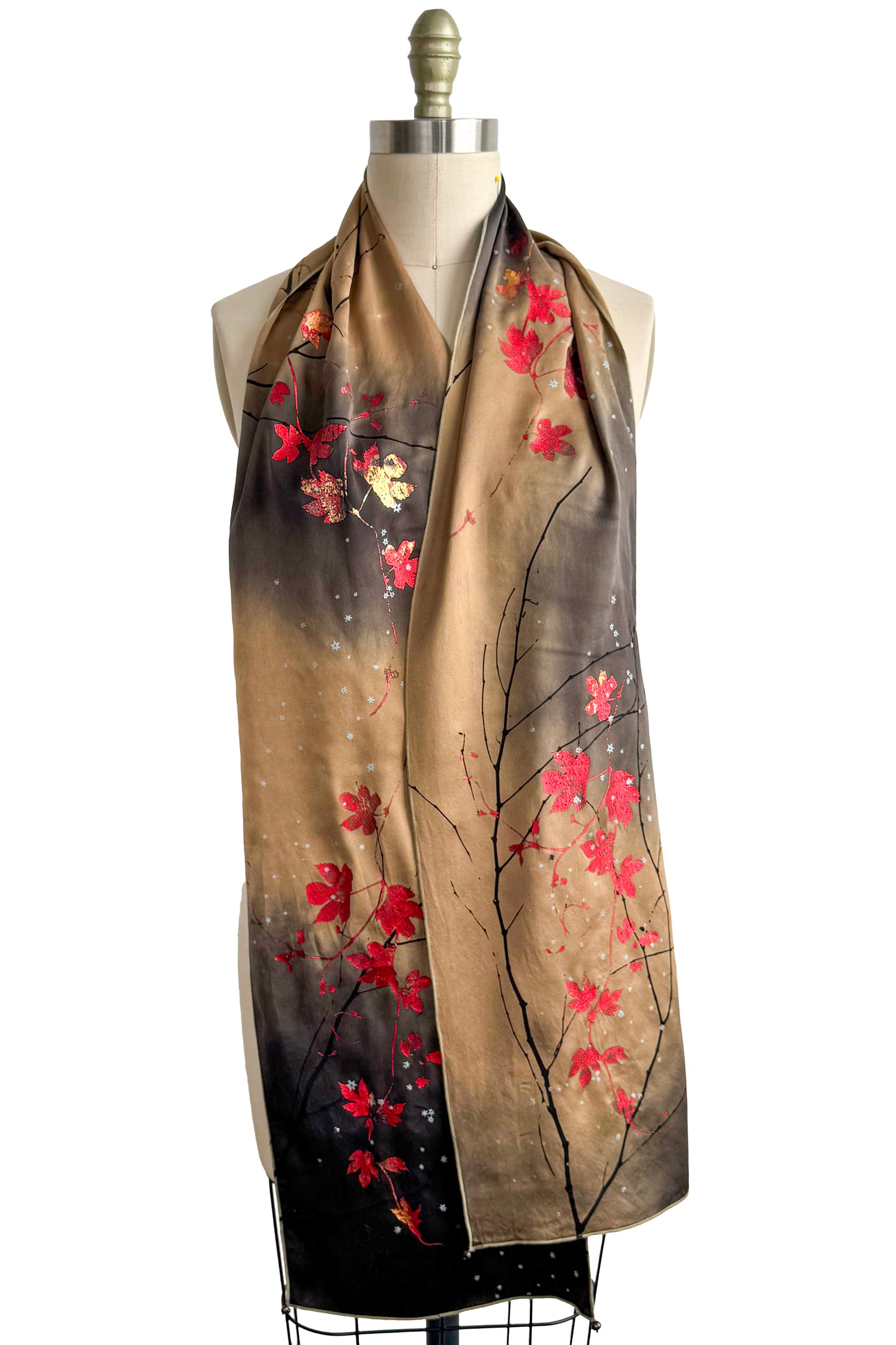 Charmeuse Foil Print Scarf - Hops Vine & Branch Print | Orange, Black & Red