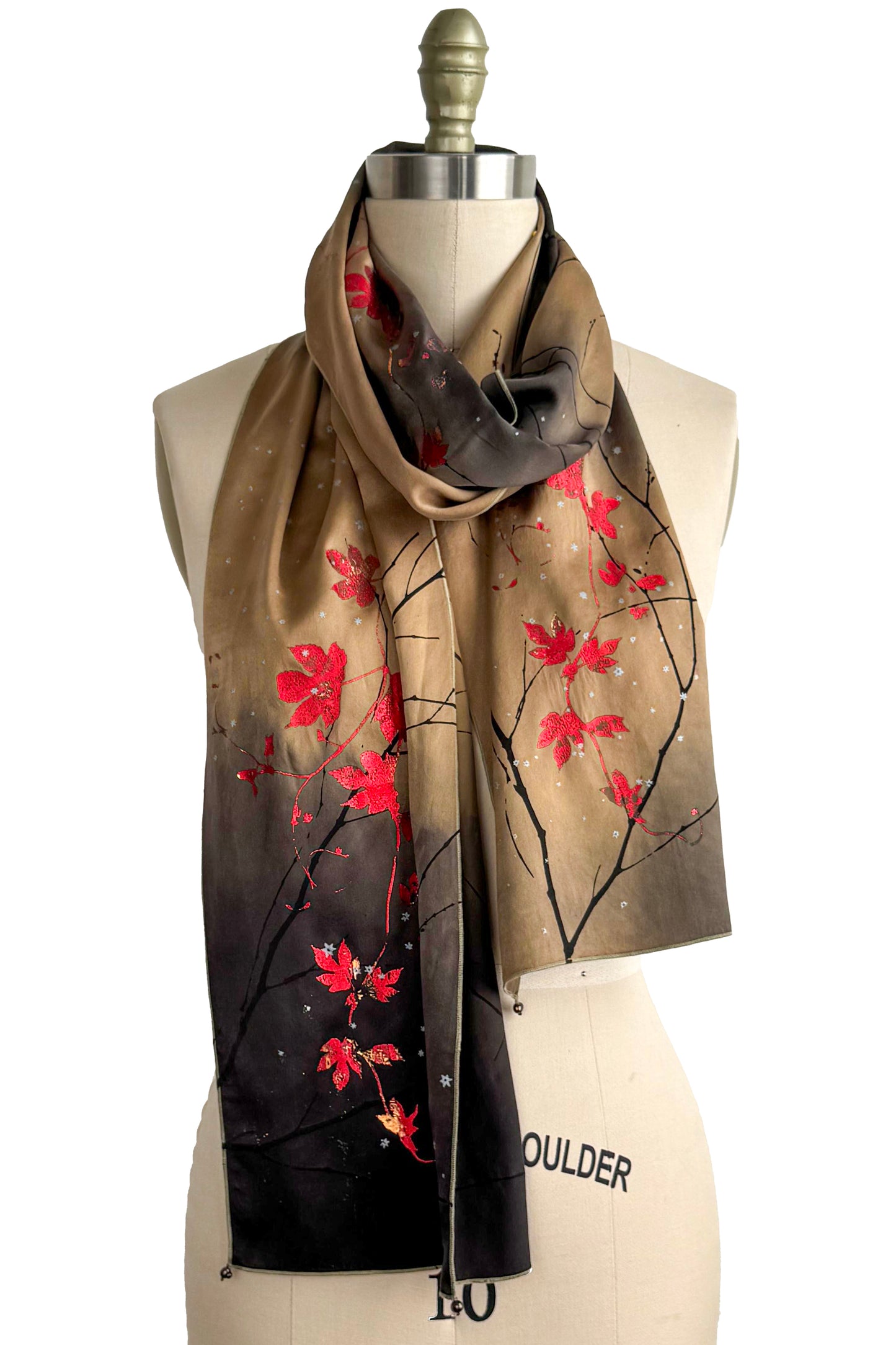 Charmeuse Foil Print Scarf - Hops Vine & Branch Print | Orange, Black & Red