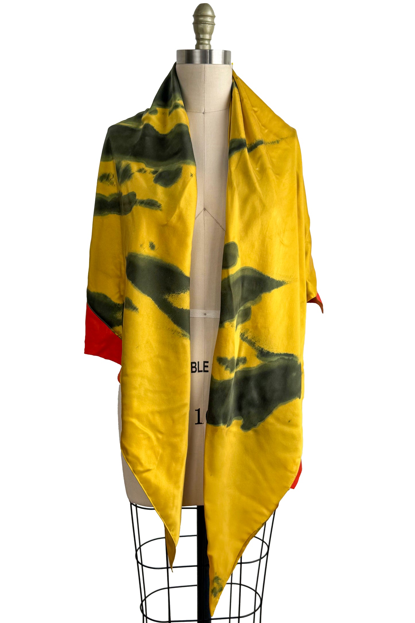 Triangle Shawl in Silk with Leather Trim - Spray Dyed | Chartreuse & Red