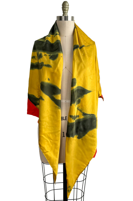 Triangle Shawl in Silk with Leather Trim - Spray Dyed | Chartreuse & Red