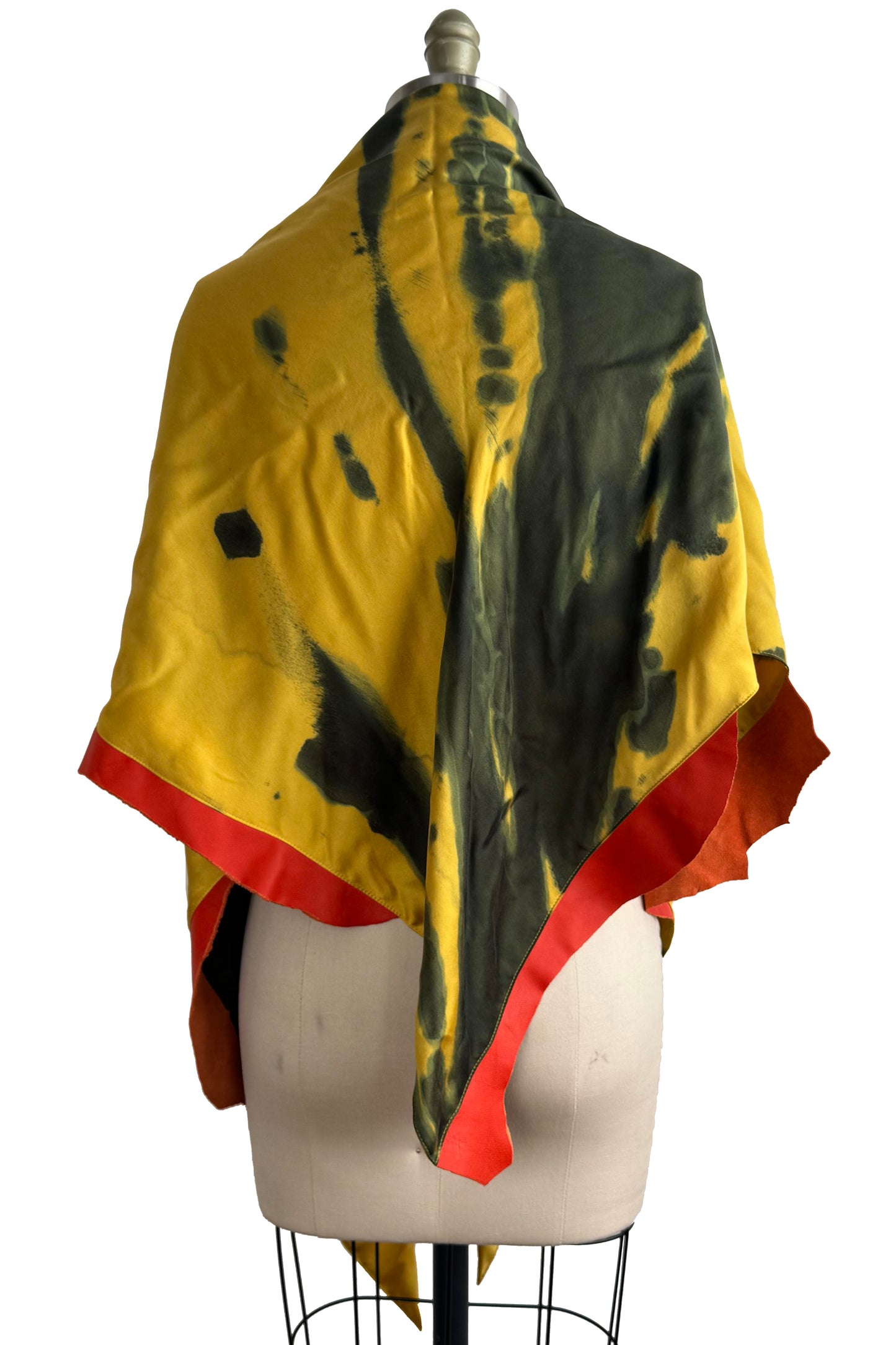 Triangle Shawl in Silk with Leather Trim - Spray Dyed | Chartreuse & Red