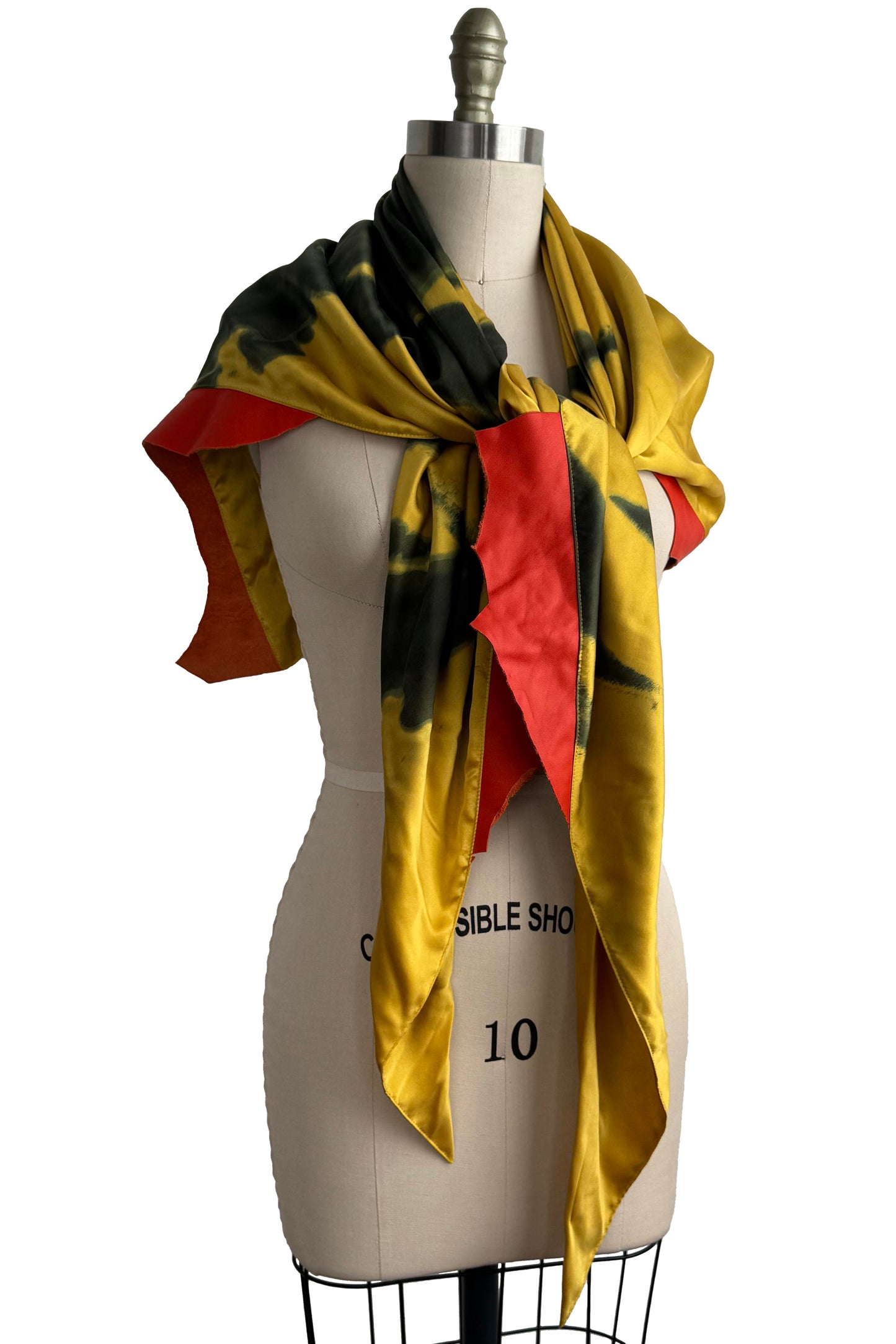 Triangle Shawl in Silk with Leather Trim - Spray Dyed | Chartreuse & Red