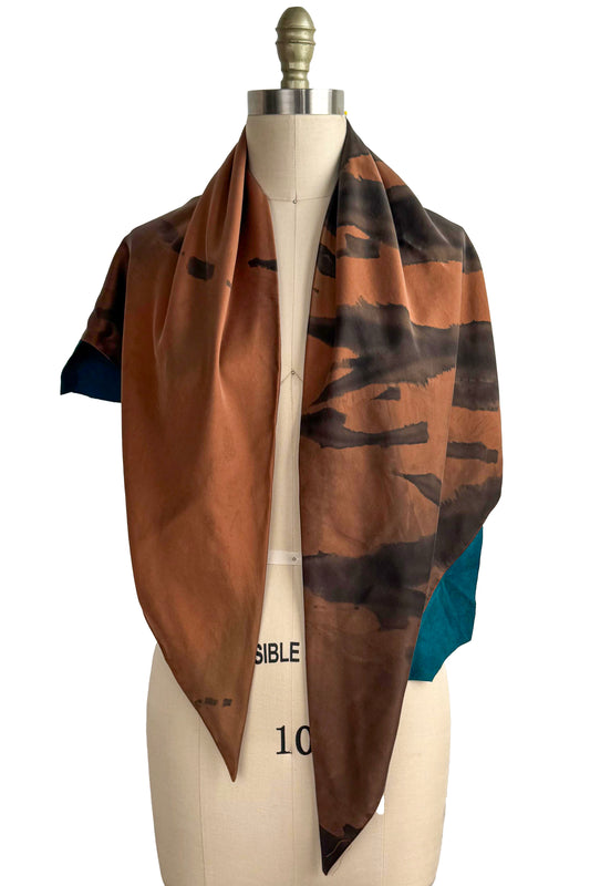 Triangle Shawl in Silk with Leather Trim - Spray Dyed | Rust & Turquoise