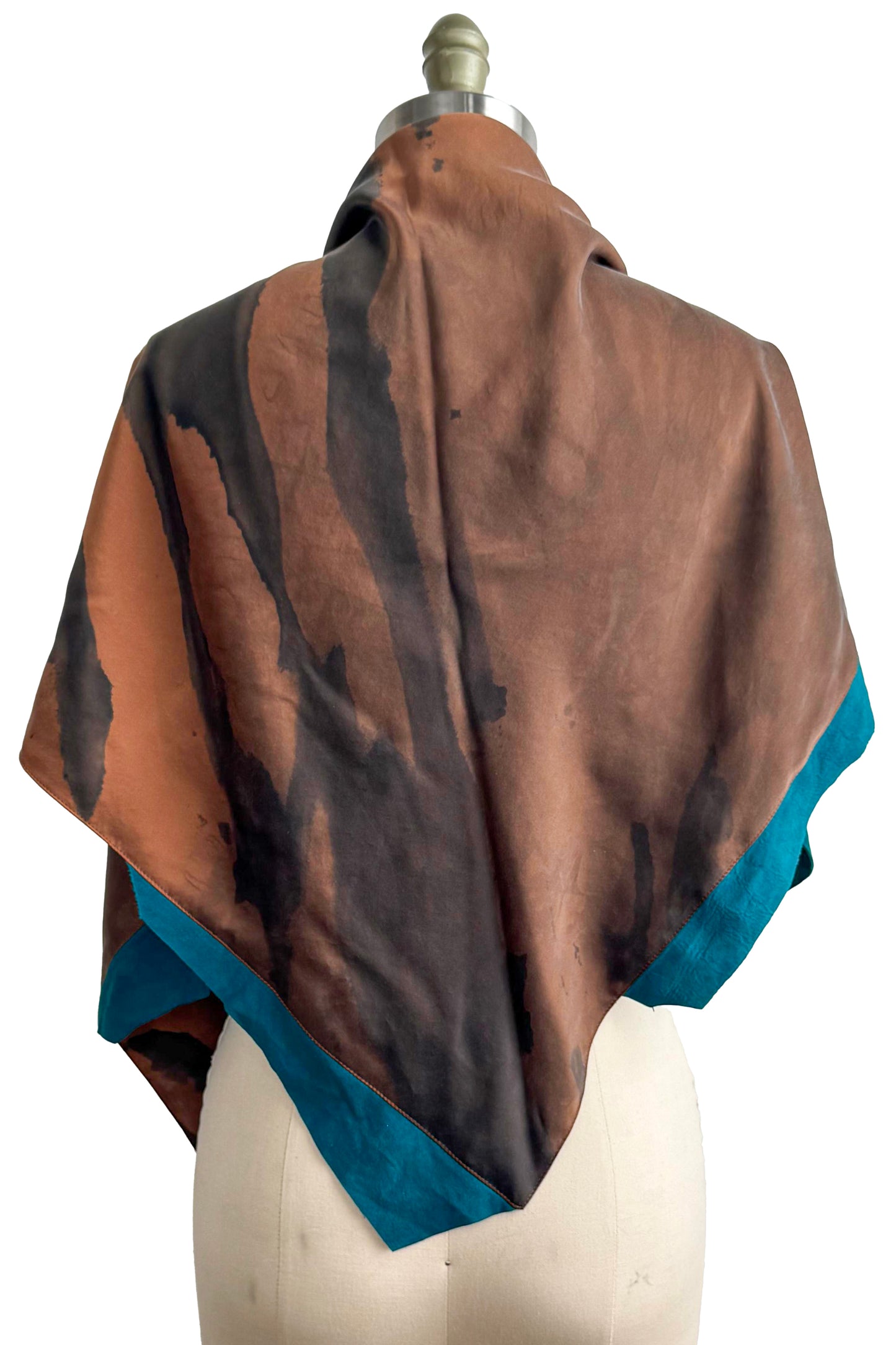 Triangle Shawl in Silk with Leather Trim - Spray Dyed | Rust & Turquoise