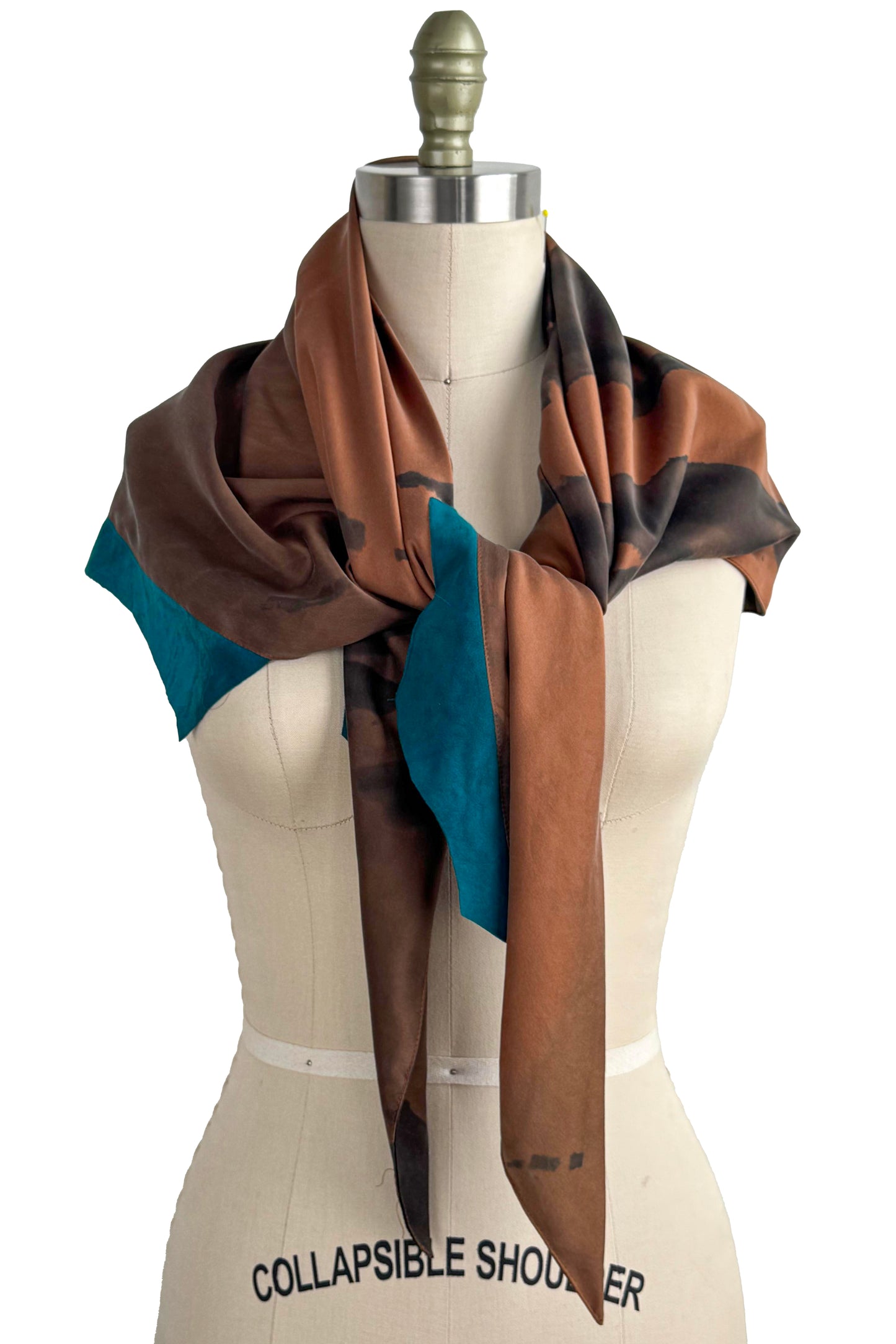 Triangle Shawl in Silk with Leather Trim - Spray Dyed | Rust & Turquoise