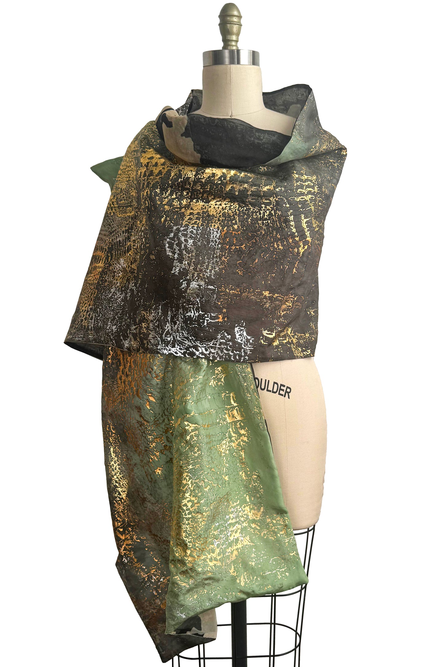 Layered Silk Organza & China Silk Shawl – Foil‑Printed Reptile Texture | Light Green