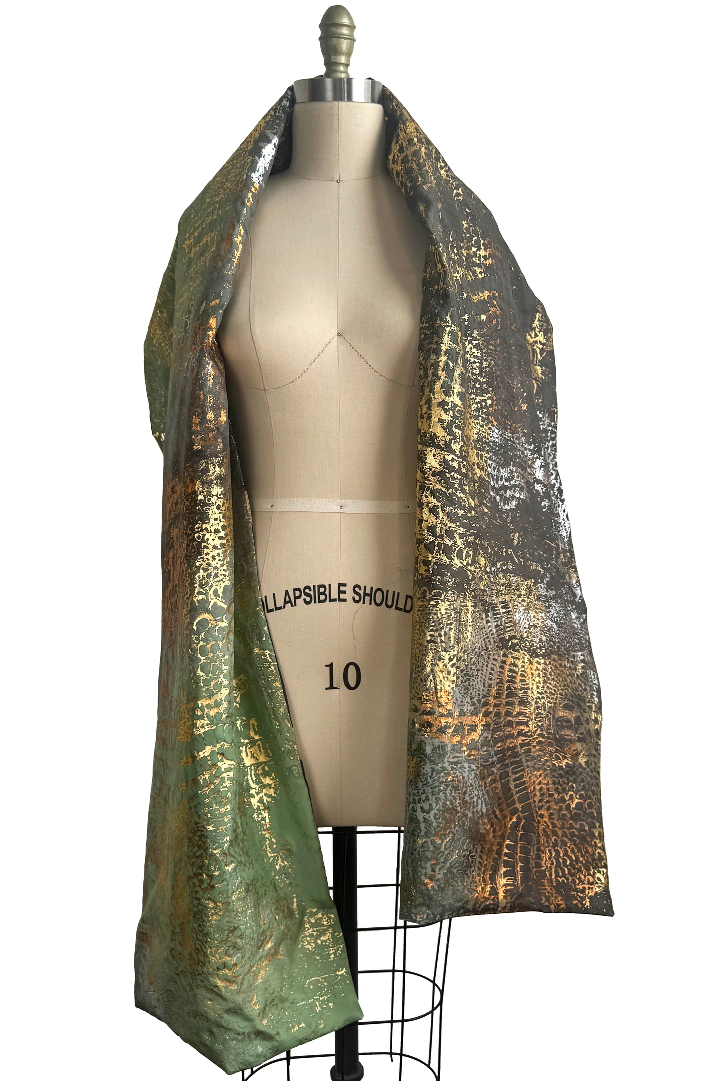 Layered Silk Organza & China Silk Shawl – Foil‑Printed Reptile Texture | Light Green