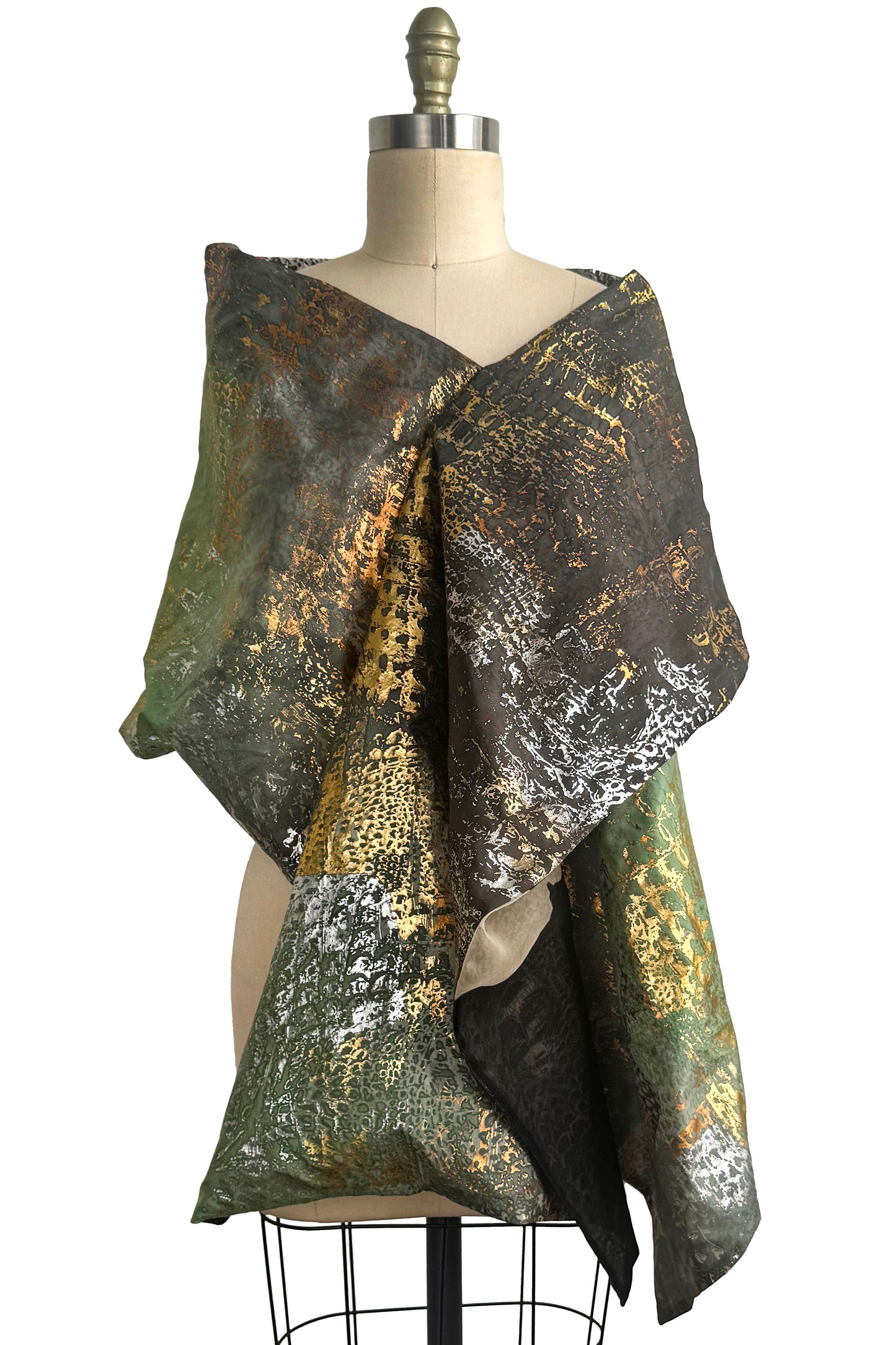 Layered Silk Organza & China Silk Shawl – Foil‑Printed Reptile Texture | Light Green