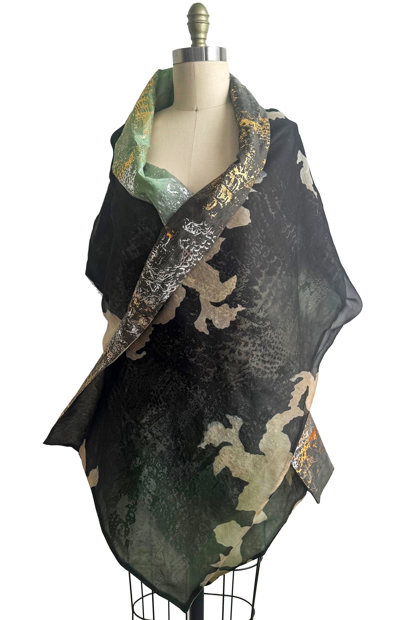 Layered Silk Organza & China Silk Shawl – Foil‑Printed Reptile Texture | Light Green