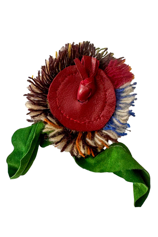 Leather & Wool Flower Magnetic Brooch -  Red Multi Fringe