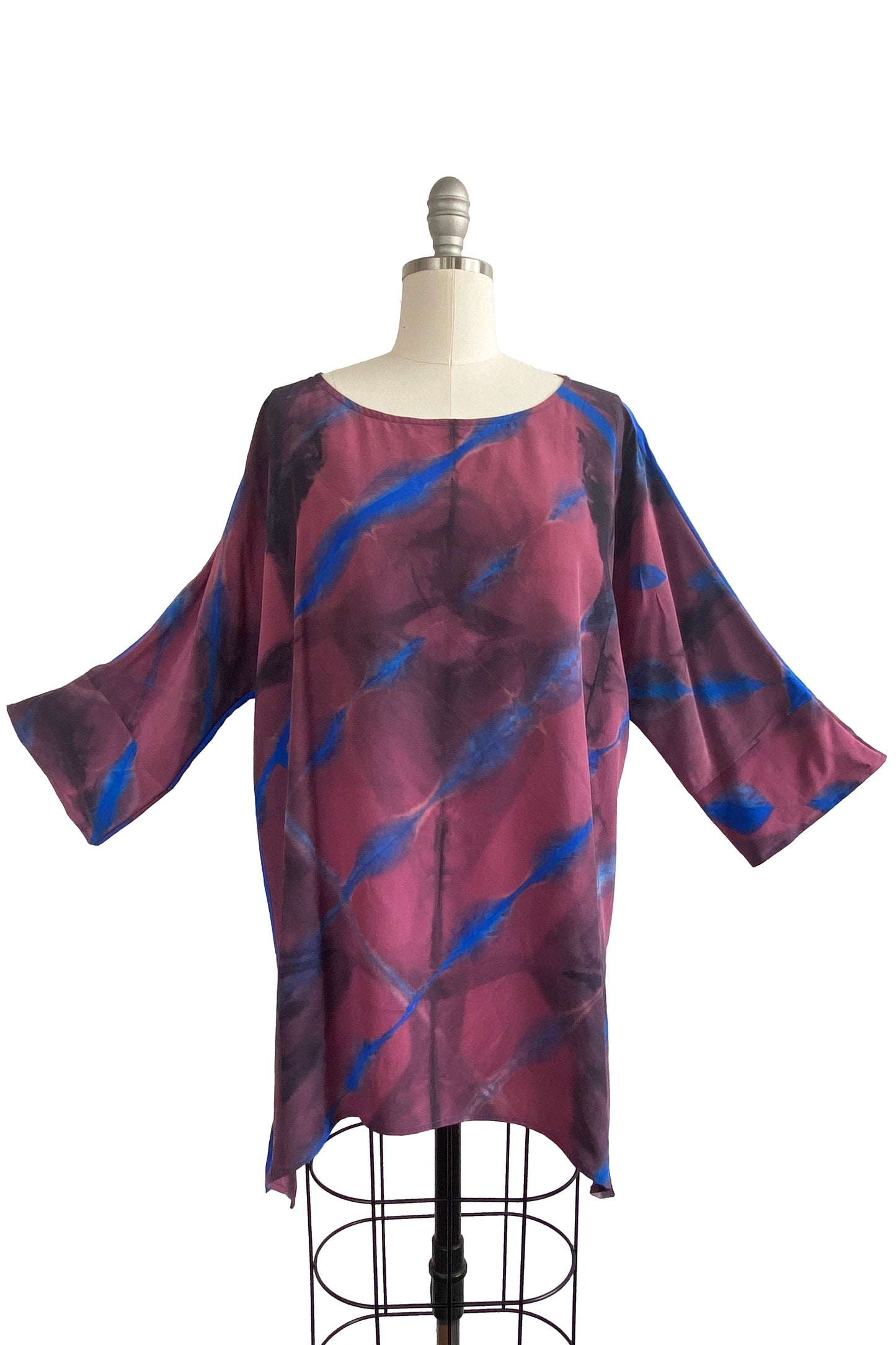 Greg's Tunic in Silk Georgette w/ Shibori Dye - Red, Blue & Charcoal - Medium