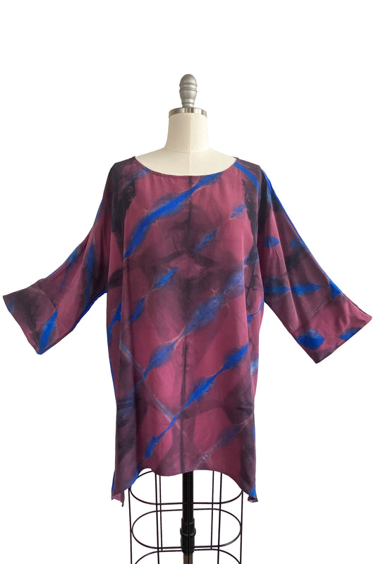 Greg's Tunic in Silk Georgette w/ Shibori Dye - Red, Blue & Charcoal - Medium