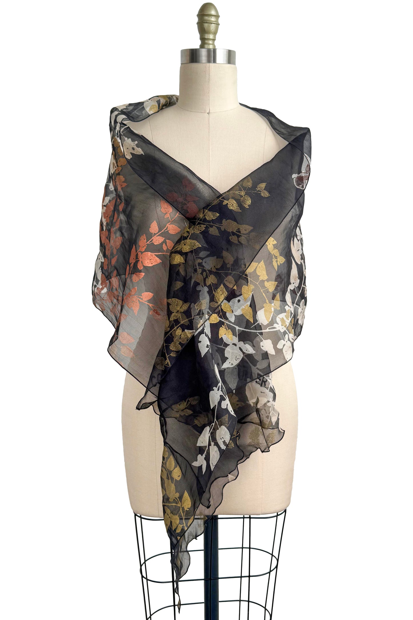 Silk Organza Shawl – Vine Print | Metallic & Black
