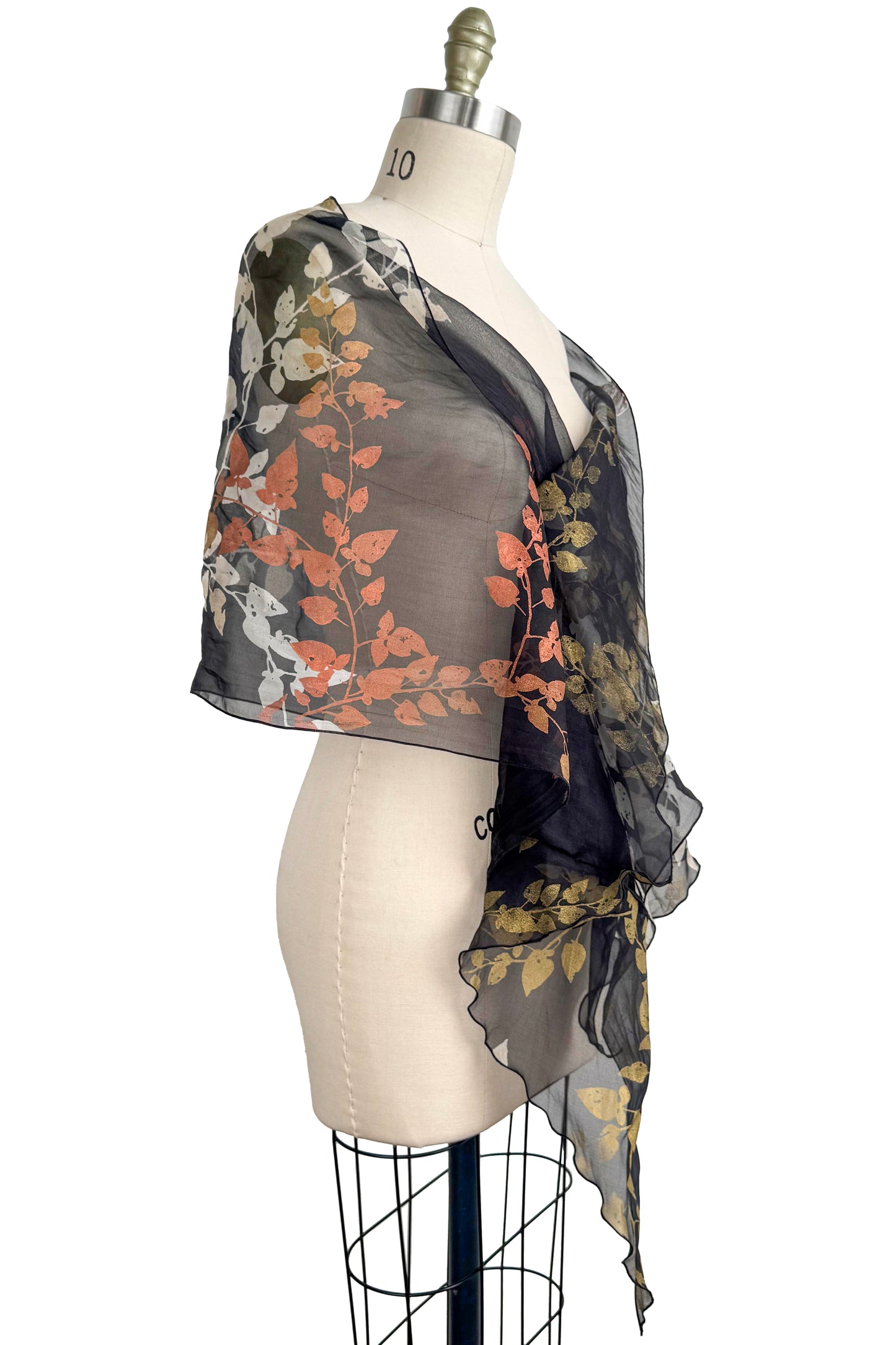 Silk Organza Shawl – Vine Print | Metallic & Black