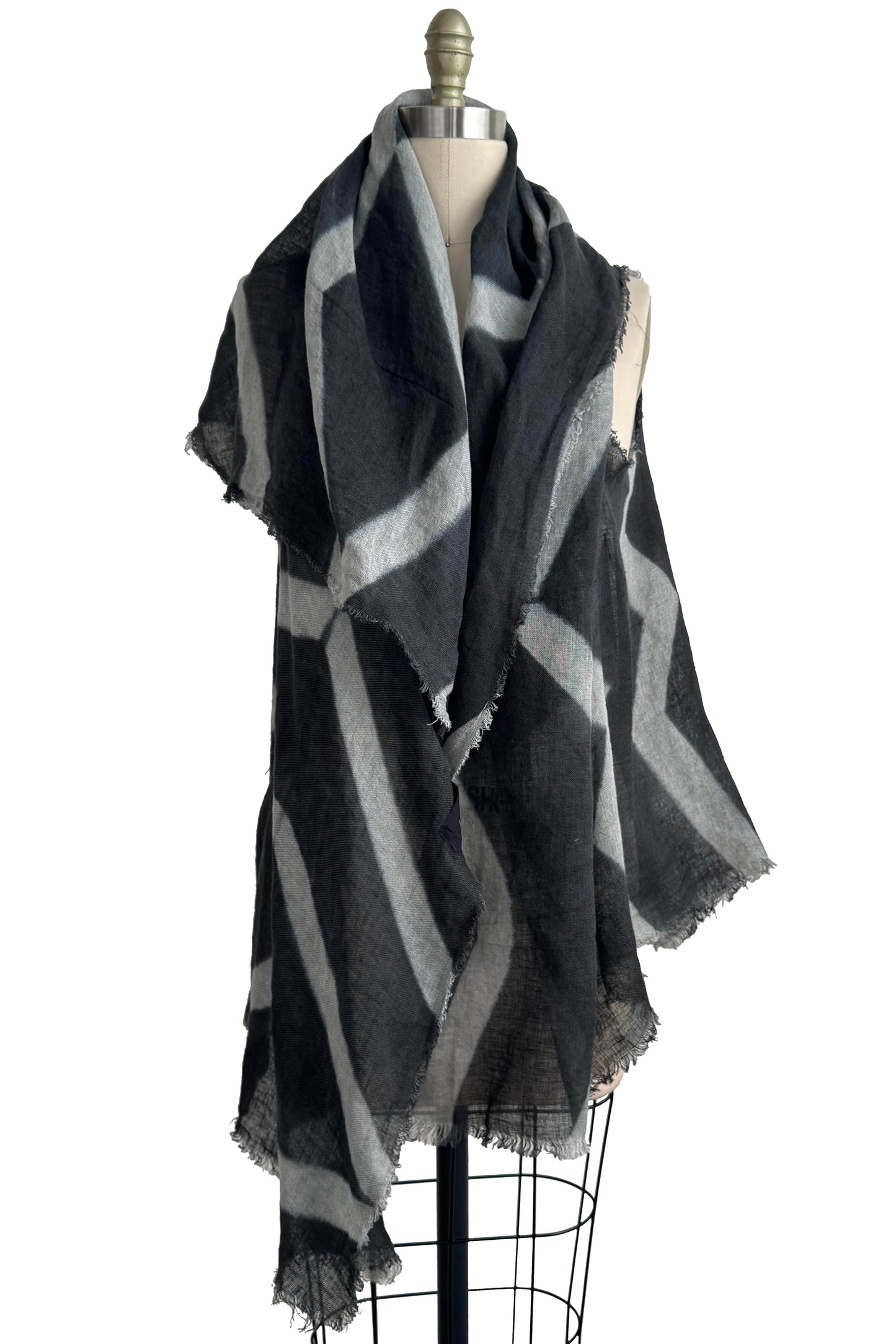 Asymmetrical Wrap Vest | Open Weave Linen | Itajime Dye | White & Grey