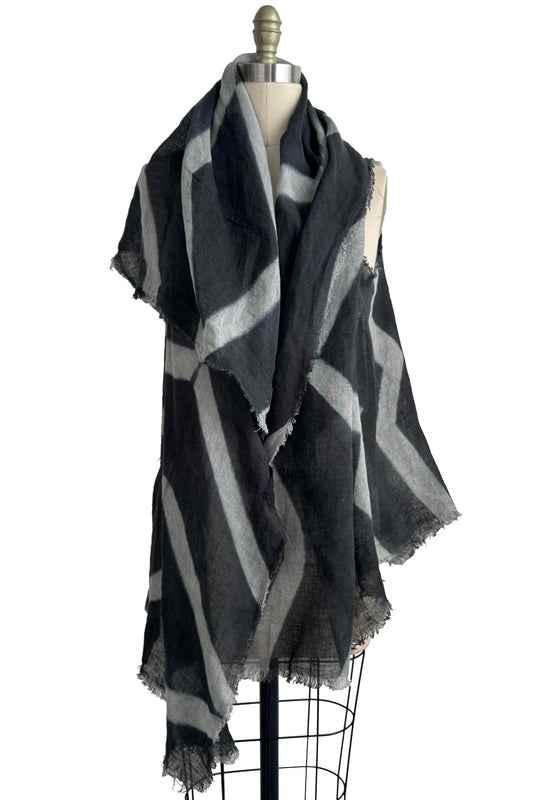 Asymmetrical Wrap Vest | Open Weave Linen | Itajime Dye | White & Grey