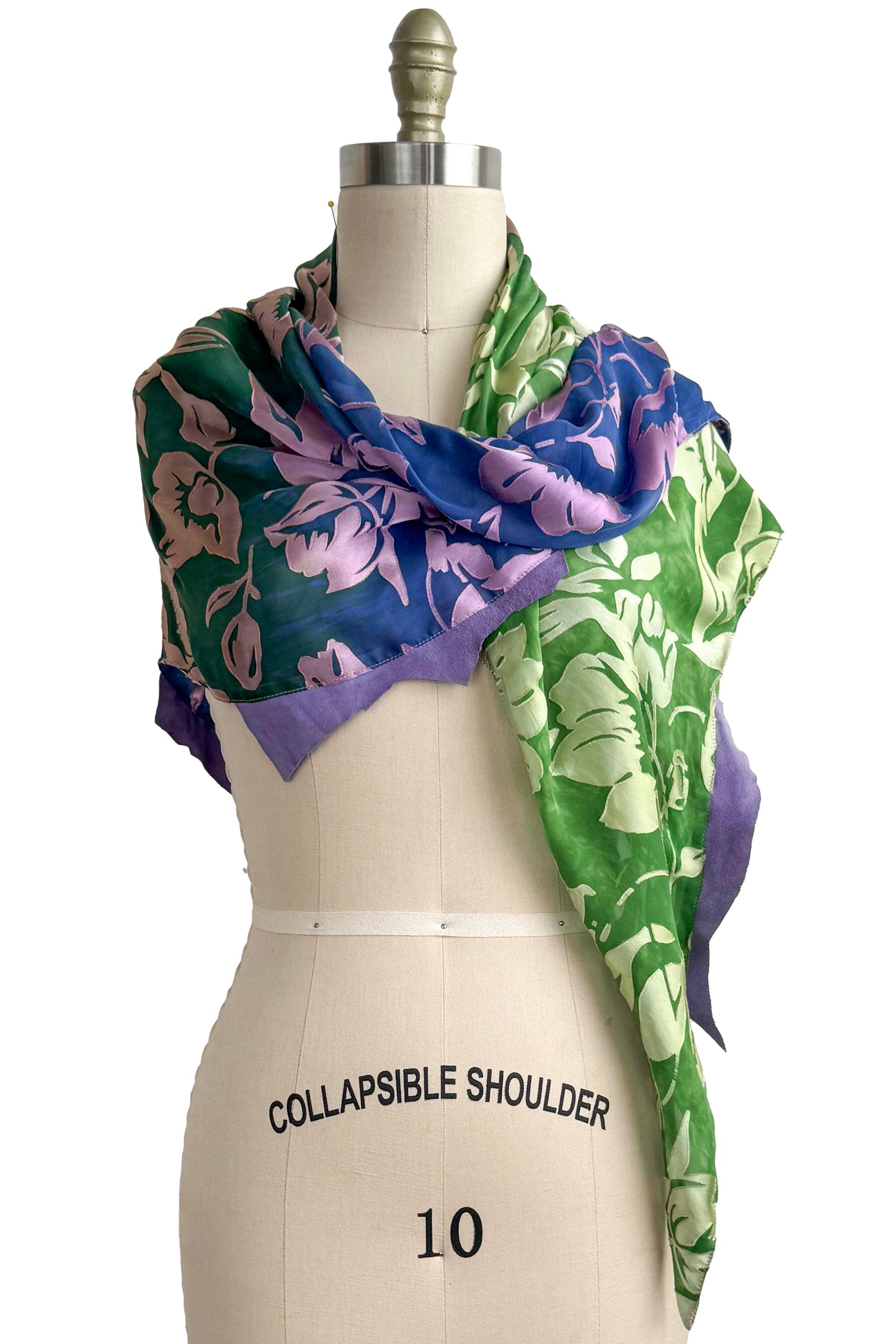 Bias Trimmed Triangle Shawl in Velvet Devore - Floral | Green & Purple