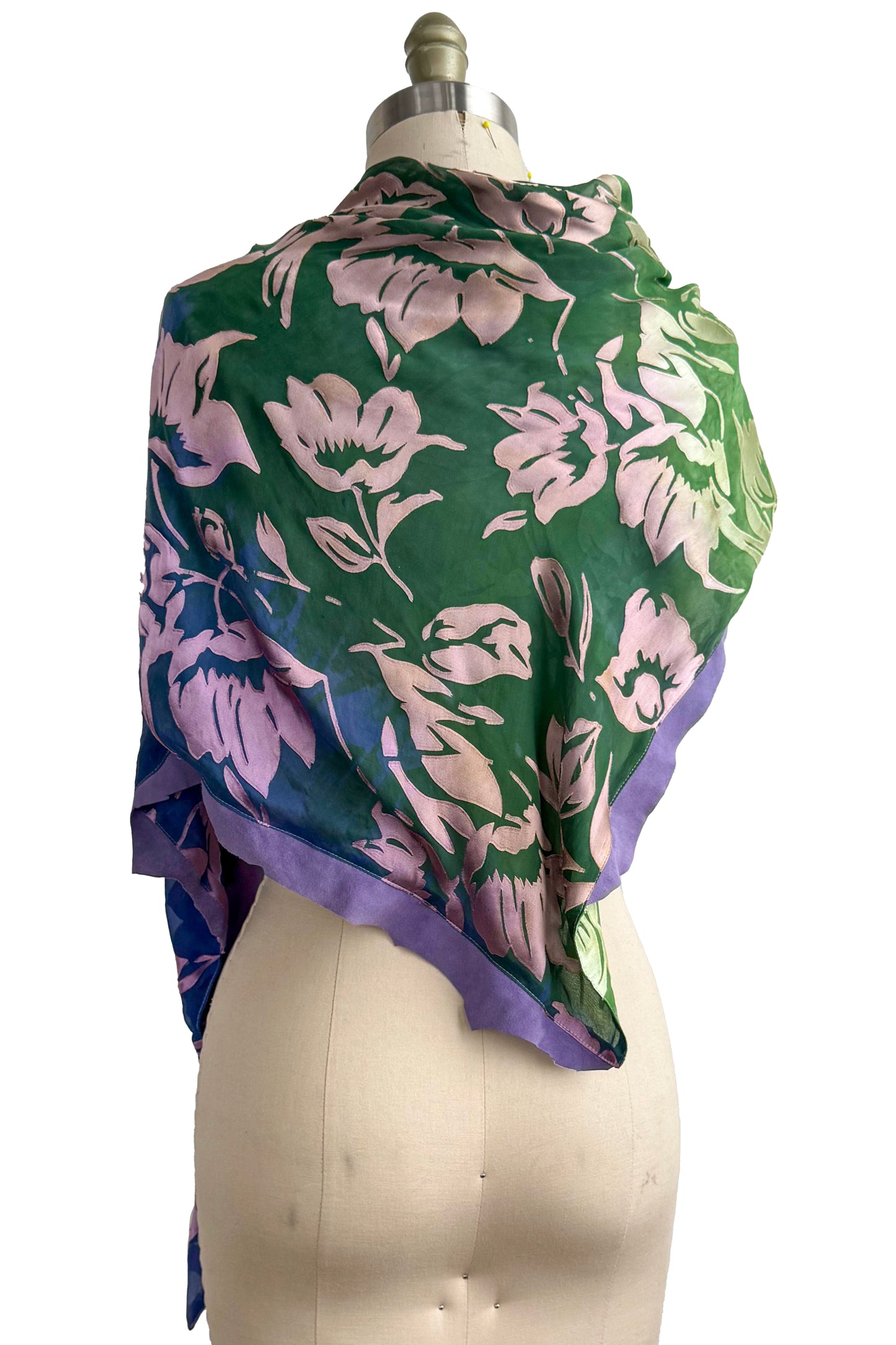 Bias Trimmed Triangle Shawl in Velvet Devore - Floral | Green & Purple