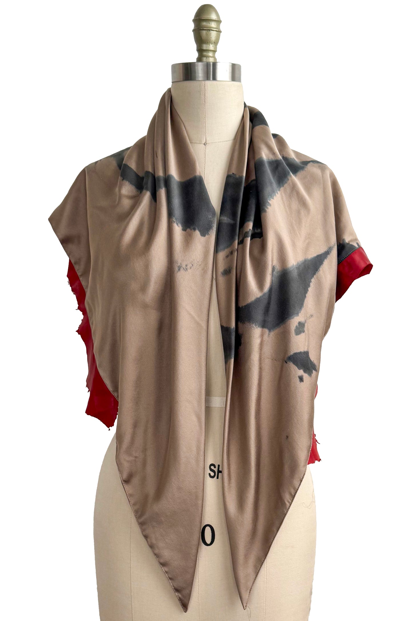 Triangle Shawl in Silk with Leather Trim - Spray Dyed | Gold & Bright Red