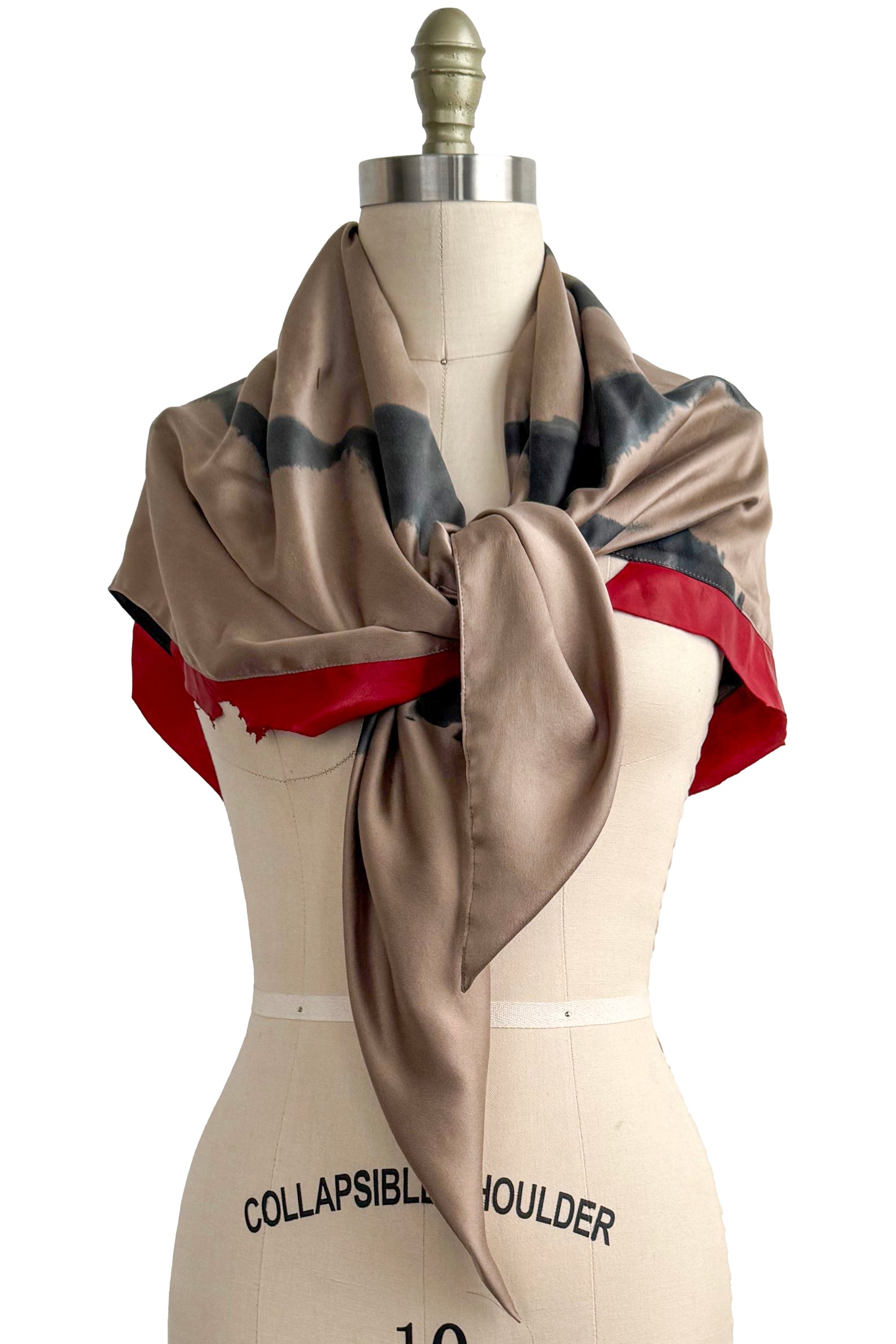 Triangle Shawl in Silk with Leather Trim - Spray Dyed | Gold & Bright Red