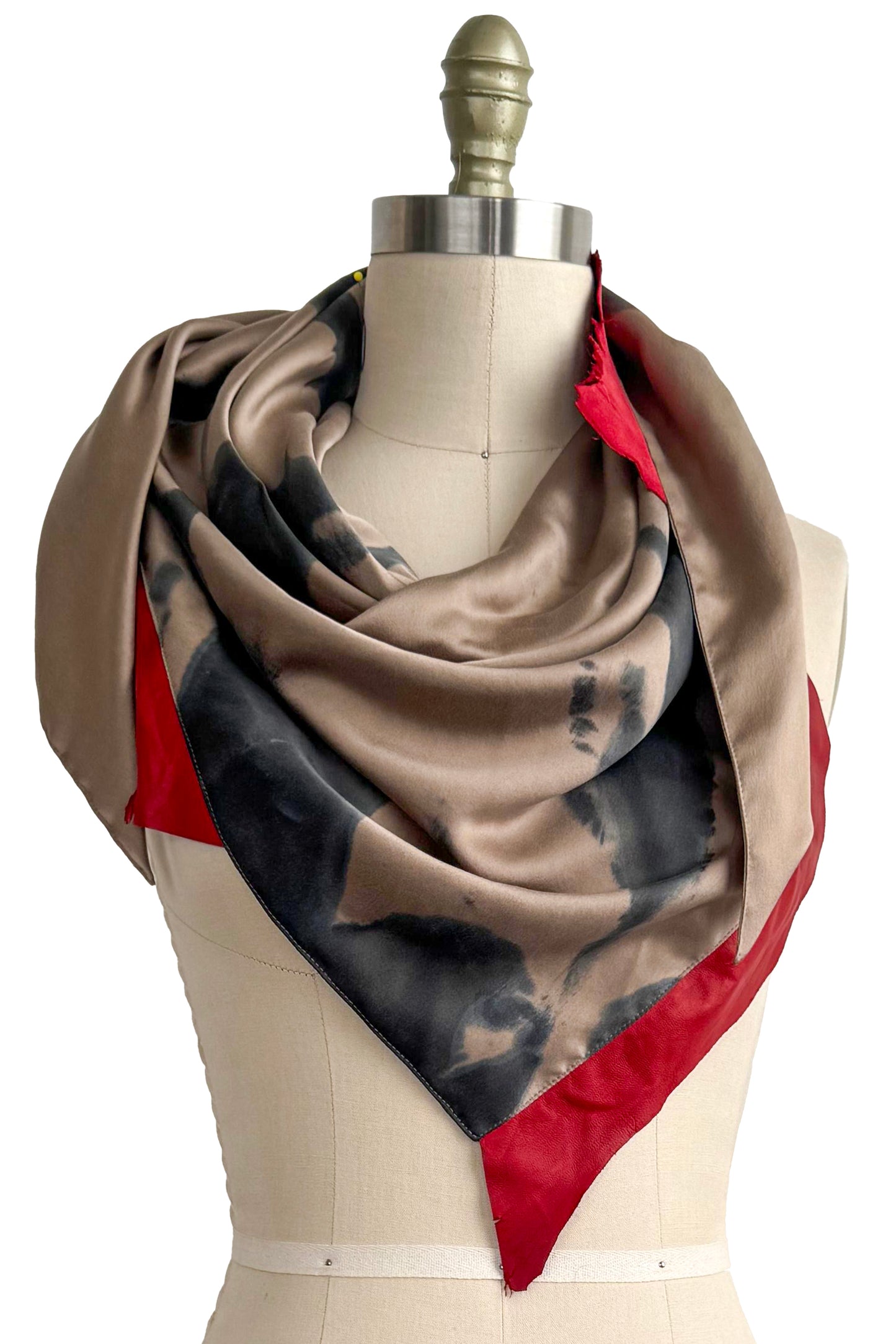 Triangle Shawl in Silk with Leather Trim - Spray Dyed | Gold & Bright Red