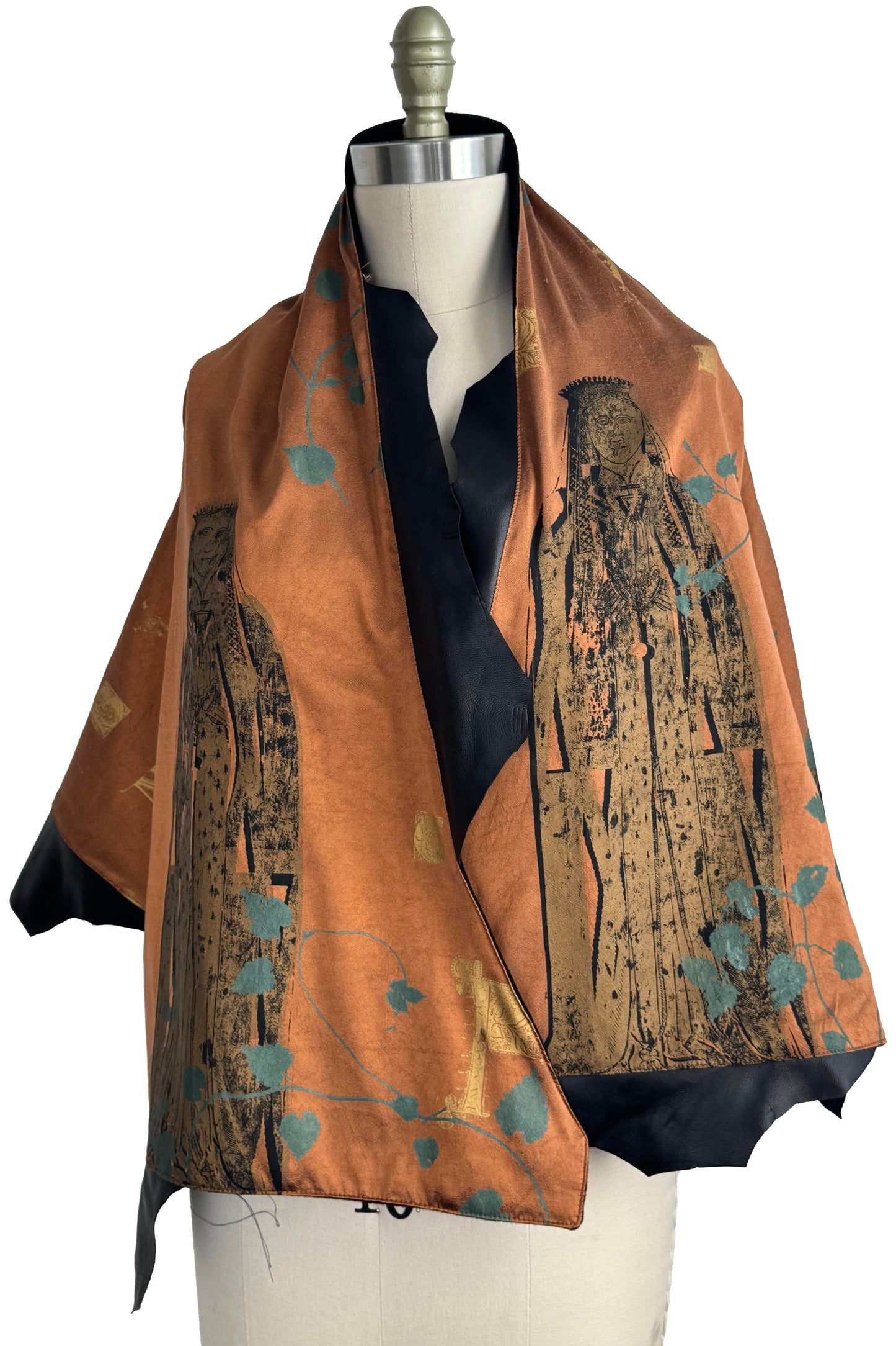 Opera Cape in Silk Taffeta with Cashmere & Leather - Saint & Vine Print | Orange