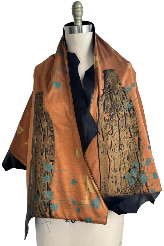 Opera Cape in Silk Taffeta with Cashmere & Leather - Saint & Vine Print | Orange