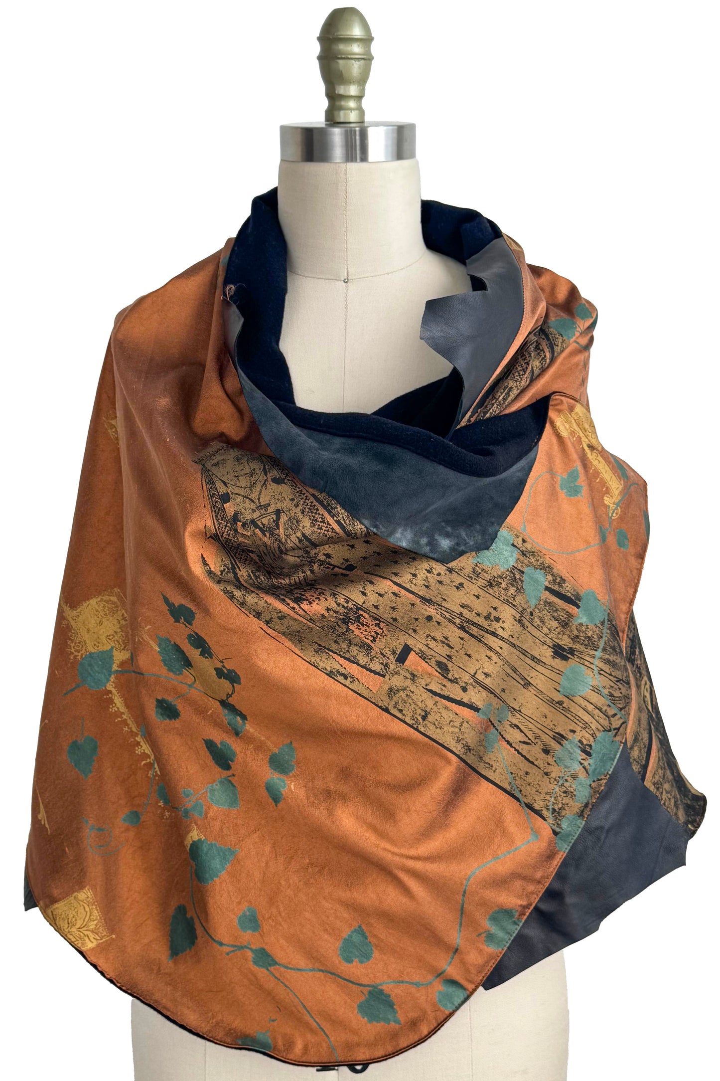 Opera Cape in Silk Taffeta with Cashmere & Leather - Saint & Vine Print | Orange