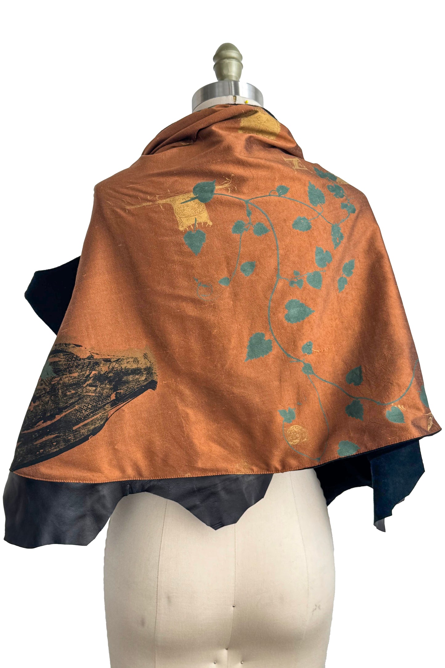 Opera Cape in Silk Taffeta with Cashmere & Leather - Saint & Vine Print | Orange