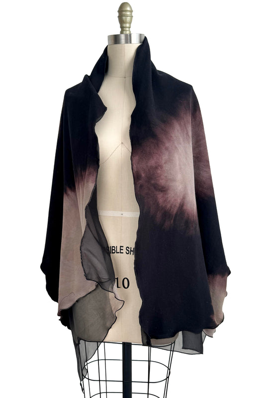 Double Layer Shawl – Silk Organza & French Terry with Moon Print | Black & Natural