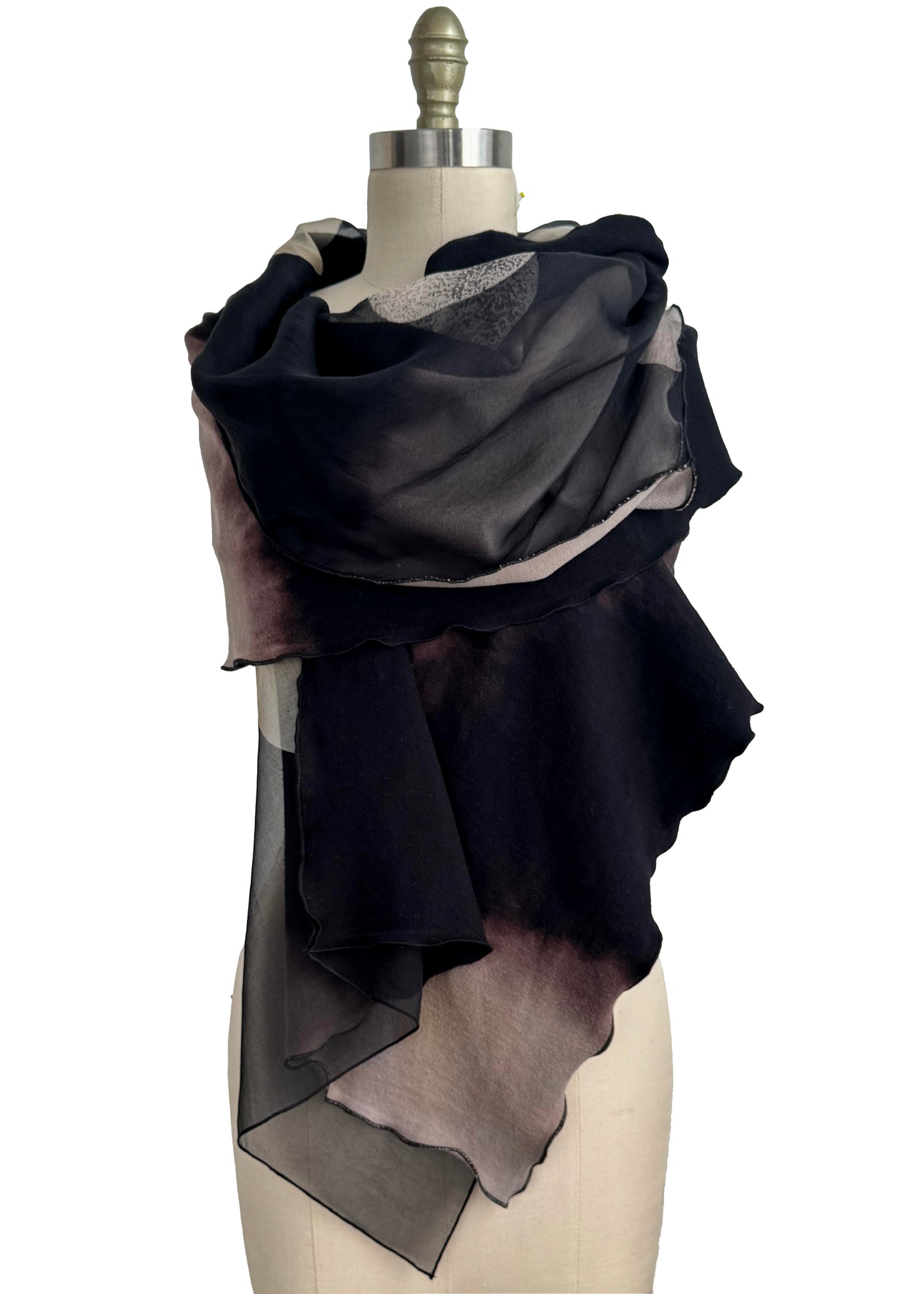 Double Layer Shawl – Silk Organza & French Terry with Moon Print | Black & Natural