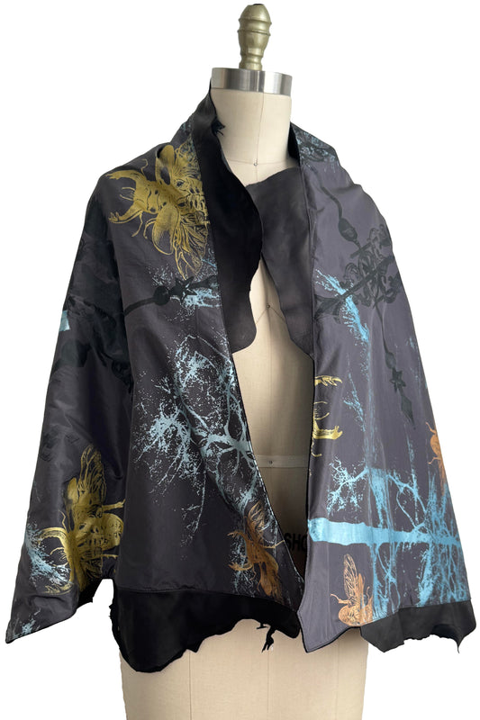 Opera Cape in Silk Taffeta with Cashmere & Leather - Branch & Bee Print | Grey