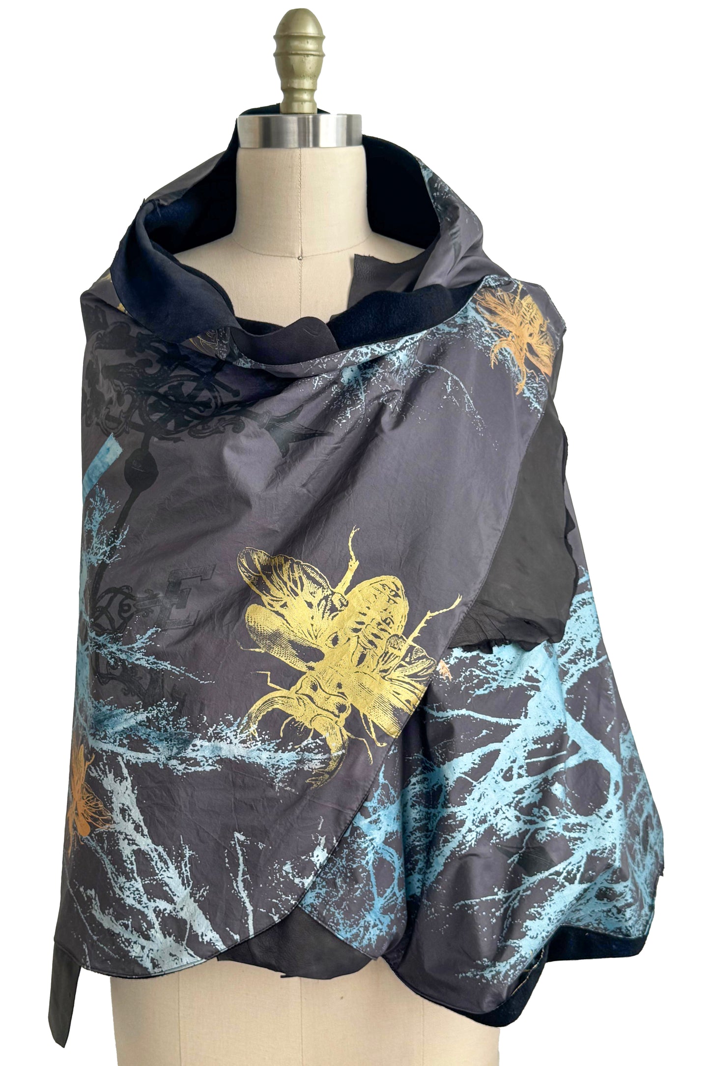 Opera Cape in Silk Taffeta with Cashmere & Leather - Branch & Bee Print | Grey