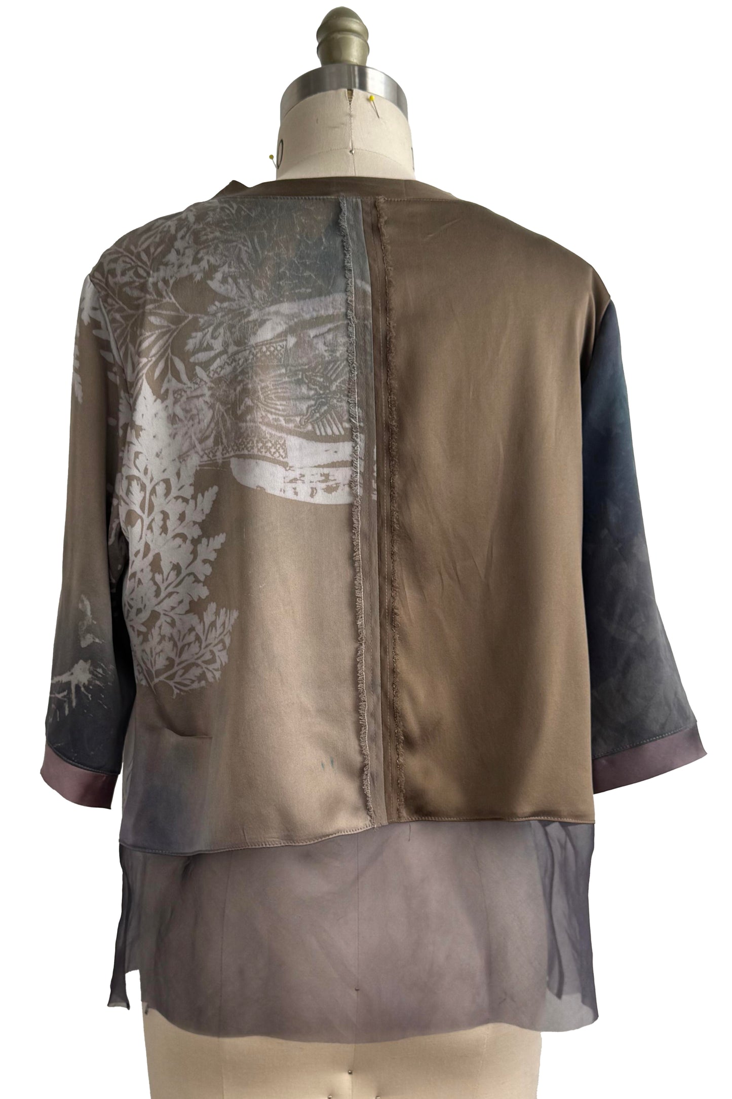 Marais Top | Stretch Silk & Silk Organza | Saints & Fern Print | Taupe & Grey | Medium