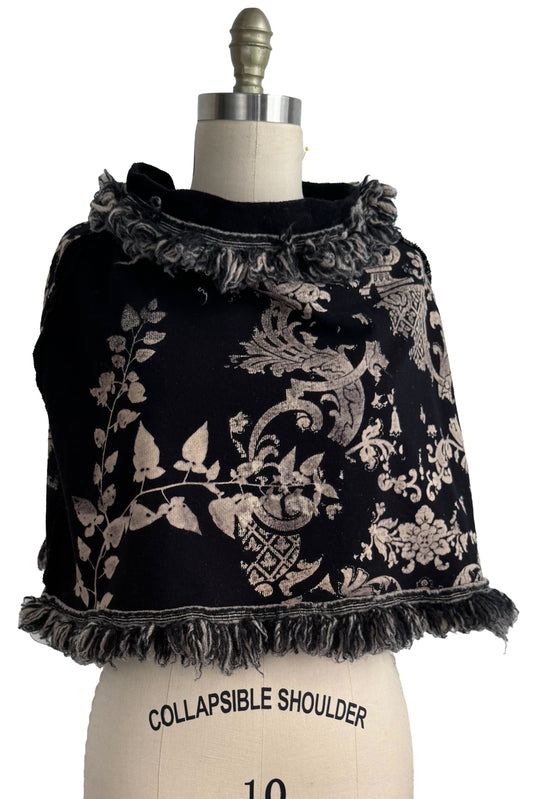 Fringe Shrug | Organic Cotton French Terry | Vine & Wallpaper Print | Black & Natural