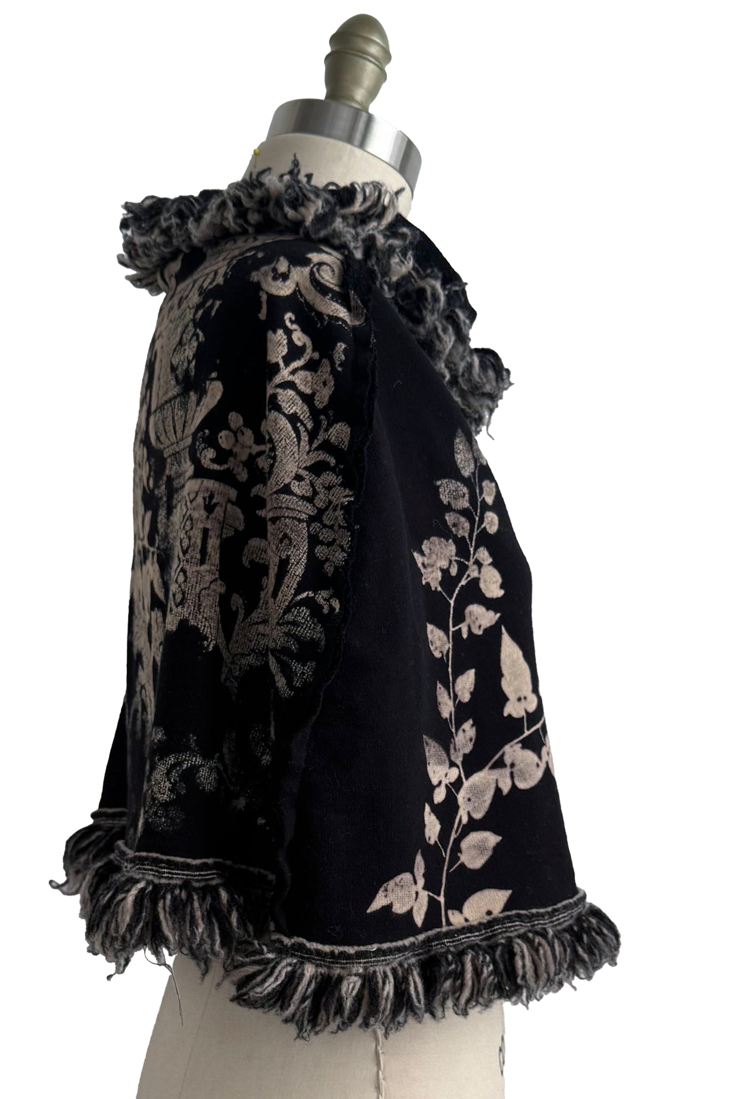 Fringe Shrug | Organic Cotton French Terry | Vine & Wallpaper Print | Black & Natural