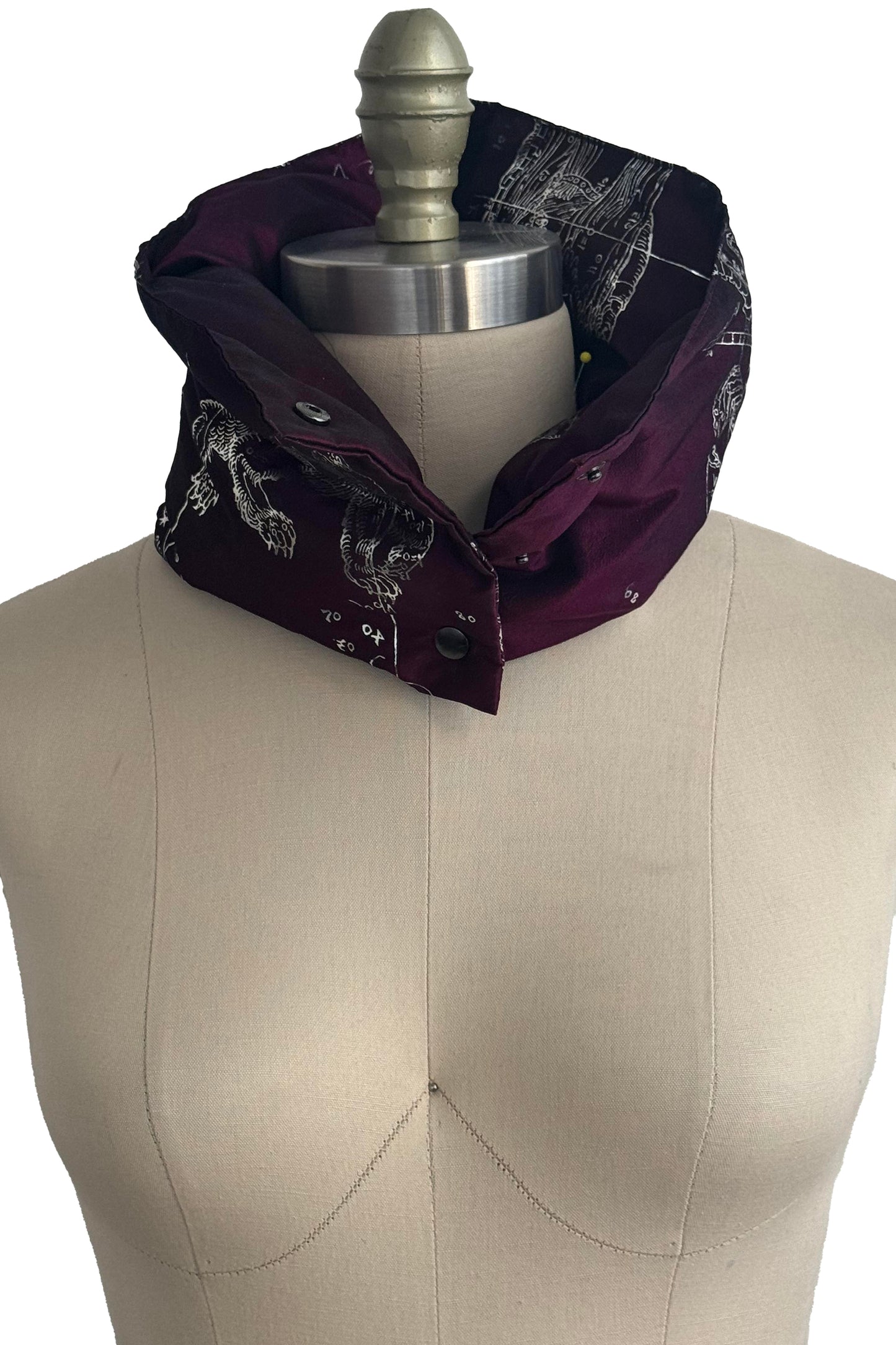 Channeled Silk Neck Scarf w/ Celestial Print - Purple & Silver