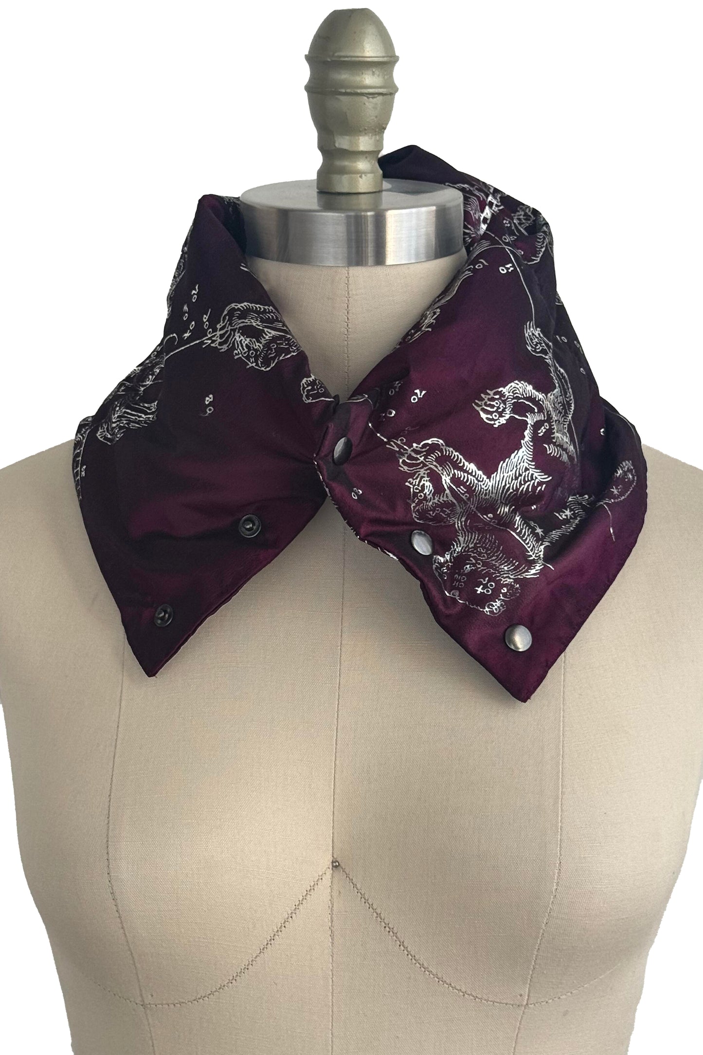 Channeled Silk Neck Scarf w/ Celestial Print - Purple & Silver