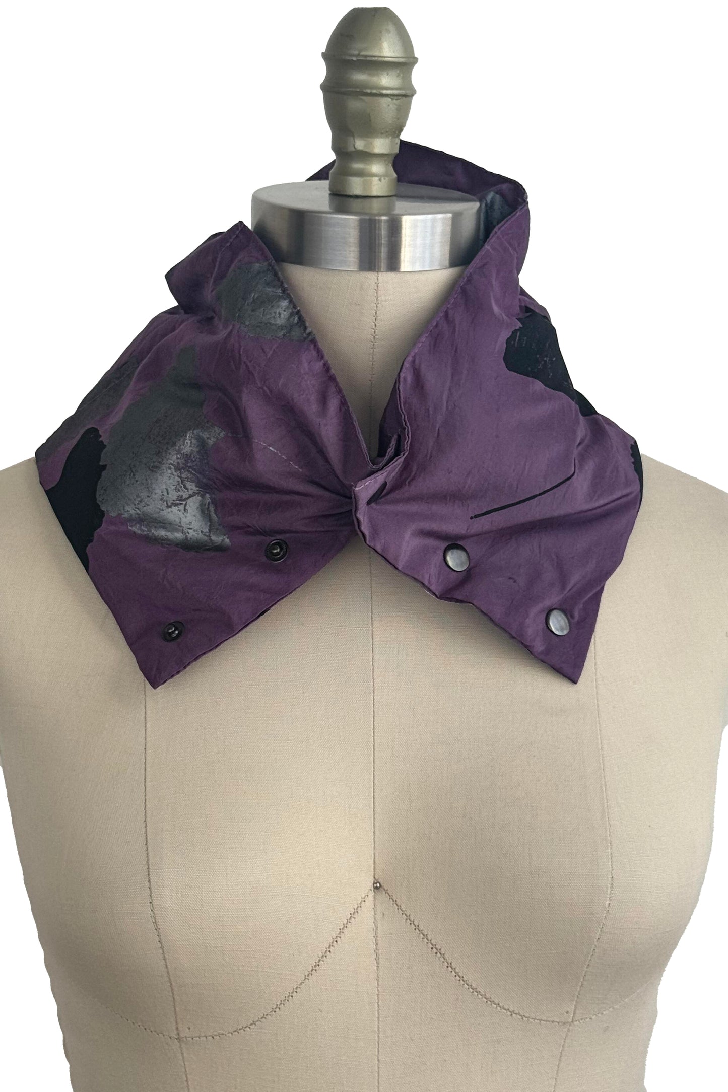 Channeled Silk Neck Scarf w/ Ginkgo Print - Purple, Silver & Black