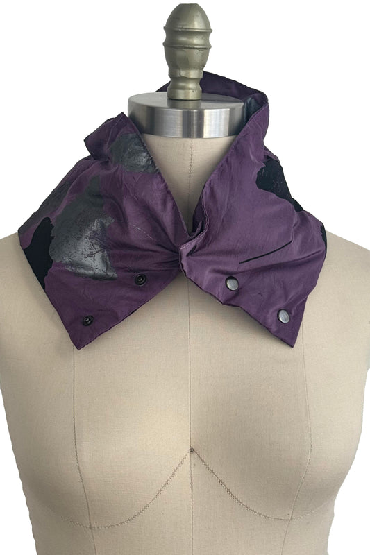 Channeled Silk Neck Scarf w/ Ginkgo Print - Purple, Silver & Black